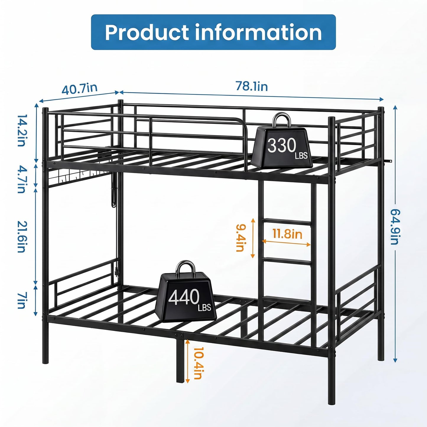 Bunk Bed,Bunk Bed Twin Over Twin with Power Outlet and LED Lights,Black