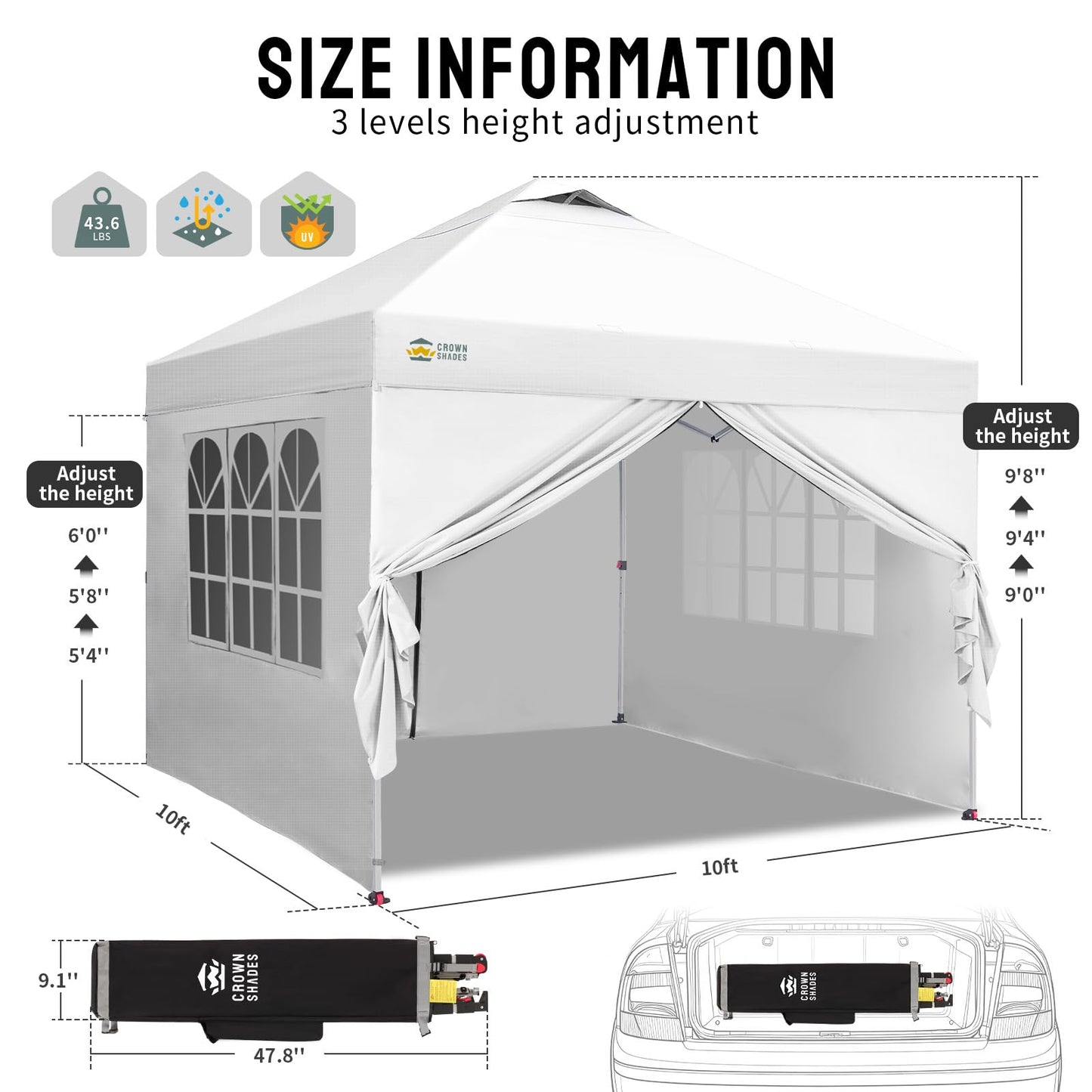 CROWN SHADES 10X10 Pop Up Canopy, Outdoor Camping Canopy Tent, 150D Silver-Coated Fabric, with 4 Sidewalls, 4 Sand Bags, Metal Frame, White