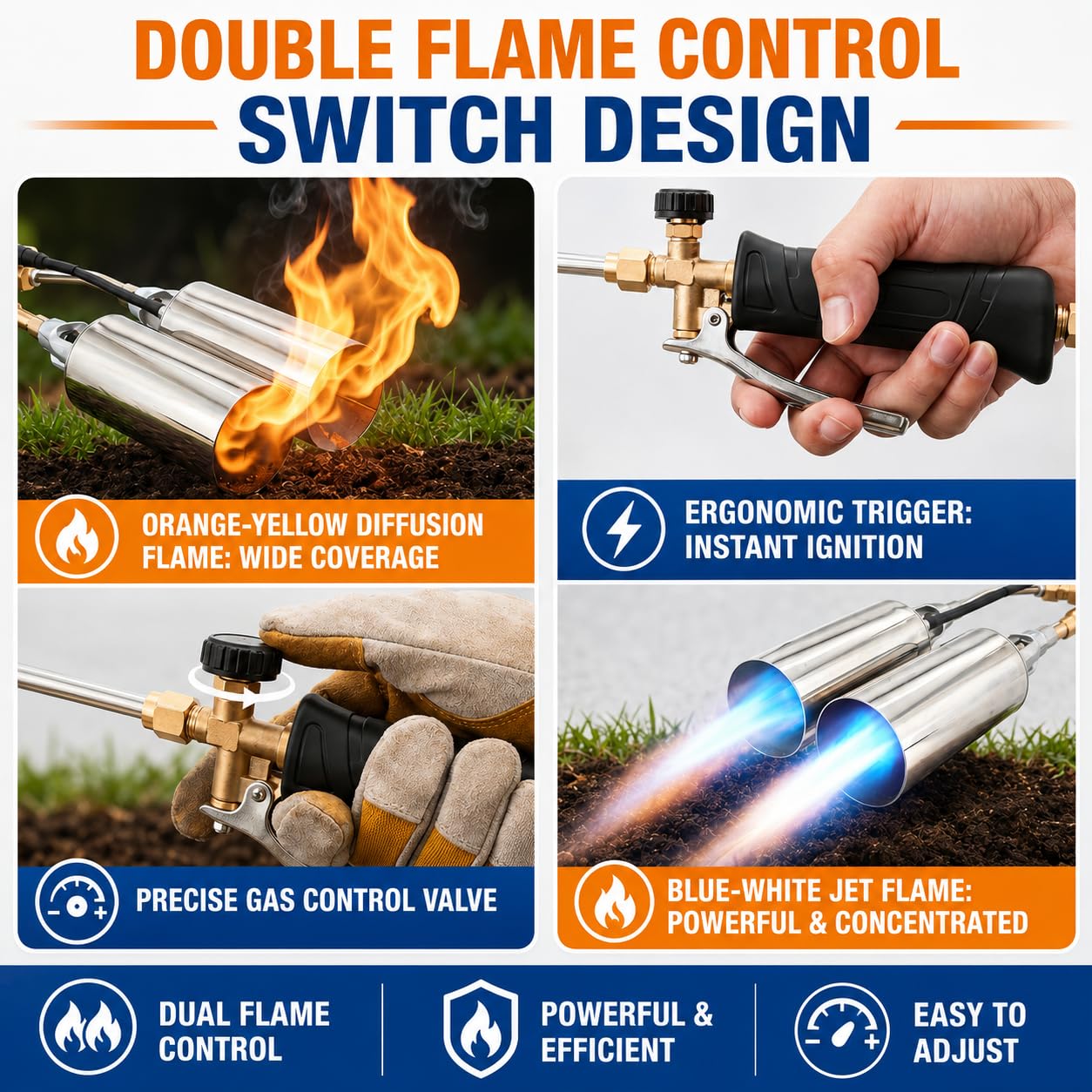 Dual-Nozzle Propane Weed Torch, Heavy Duty Weed Burner Torch with 11.5 FT Hose, Trigger Ignition & Adjustable Flame, Outdoor Propane Torch for Garden, Driveway, Patio, Wood, Ice and Snow, Black