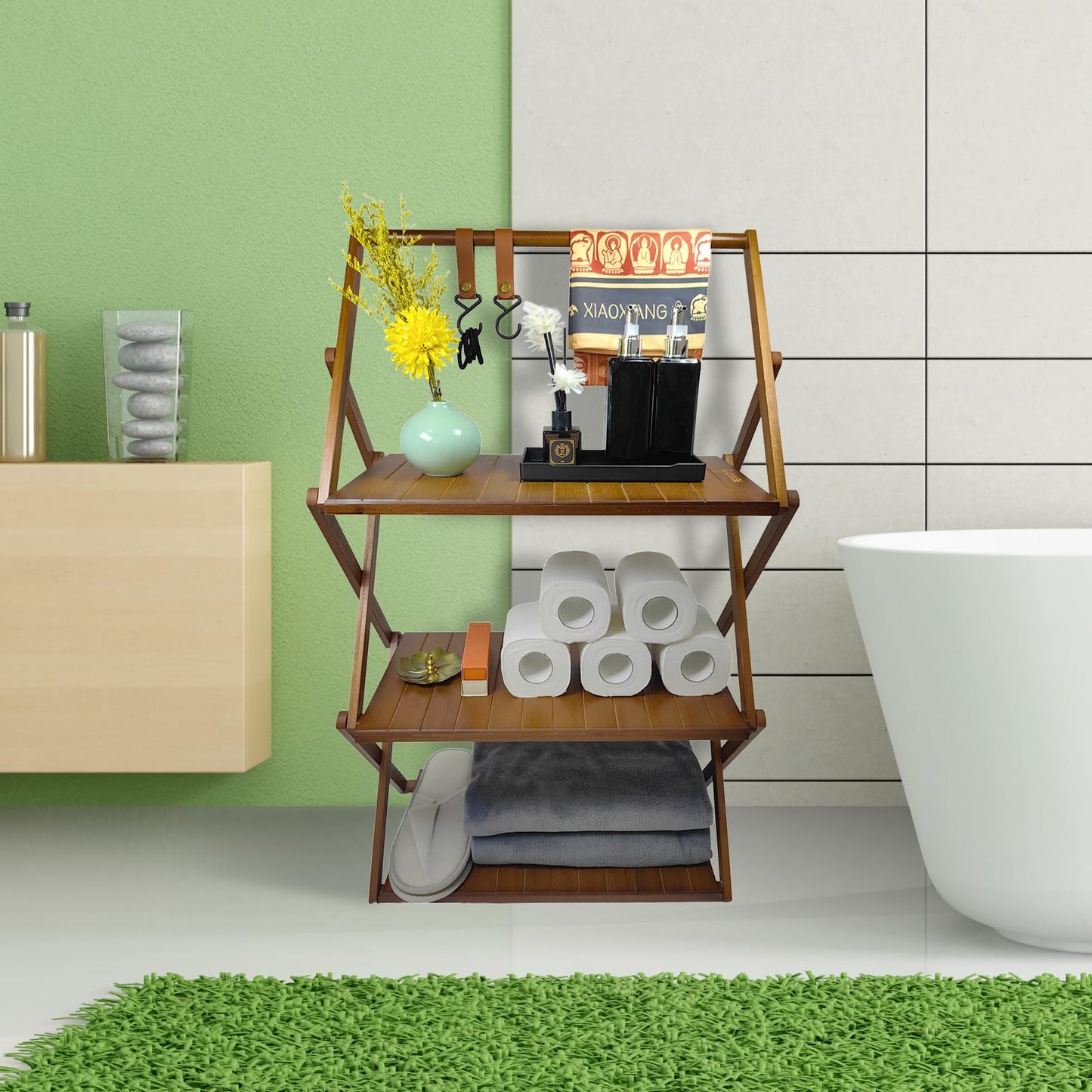 FEIXIDI Foldable Bamboo Shelf, Folding Shoe Rack, Flower Rack, Camping Rack, No Installation Required, Portable, Space Saving, Multi-Purpose Storage Rack (Walnut, 3 Tiers with Boom)