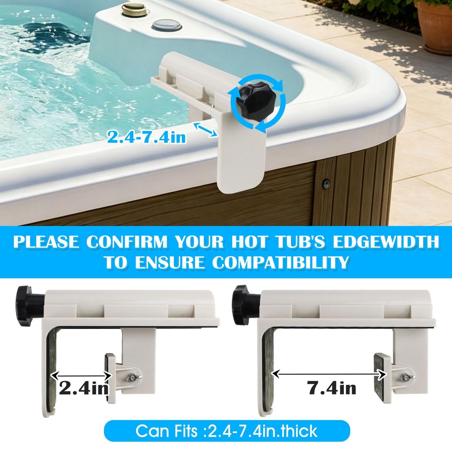 Hot Tub Table Tray with Adjustable Phone Holder, Nonslip Bathtub Table Tray Between 2.4-7.4" Hot Tub Accessories for Adults with 2 Cup Holders, Clip-on Pool Side Table for Above Ground Bathtub (Beige)