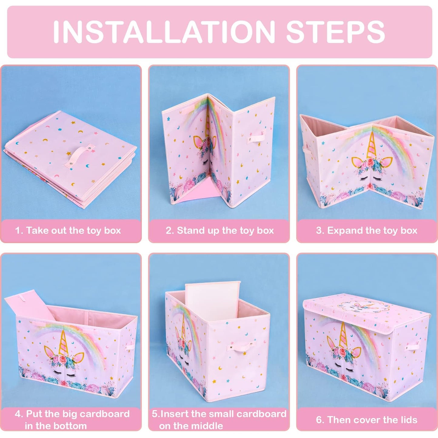 WERNNSAI Unicorn Toy Box - Collapsible Oxford Storage Bin with Handles 25" x 13" x 16" Toys Clothes Books Chest Organizer Cube with Flip-top Lid for Girls Kids Bedroom Nursery Living Room