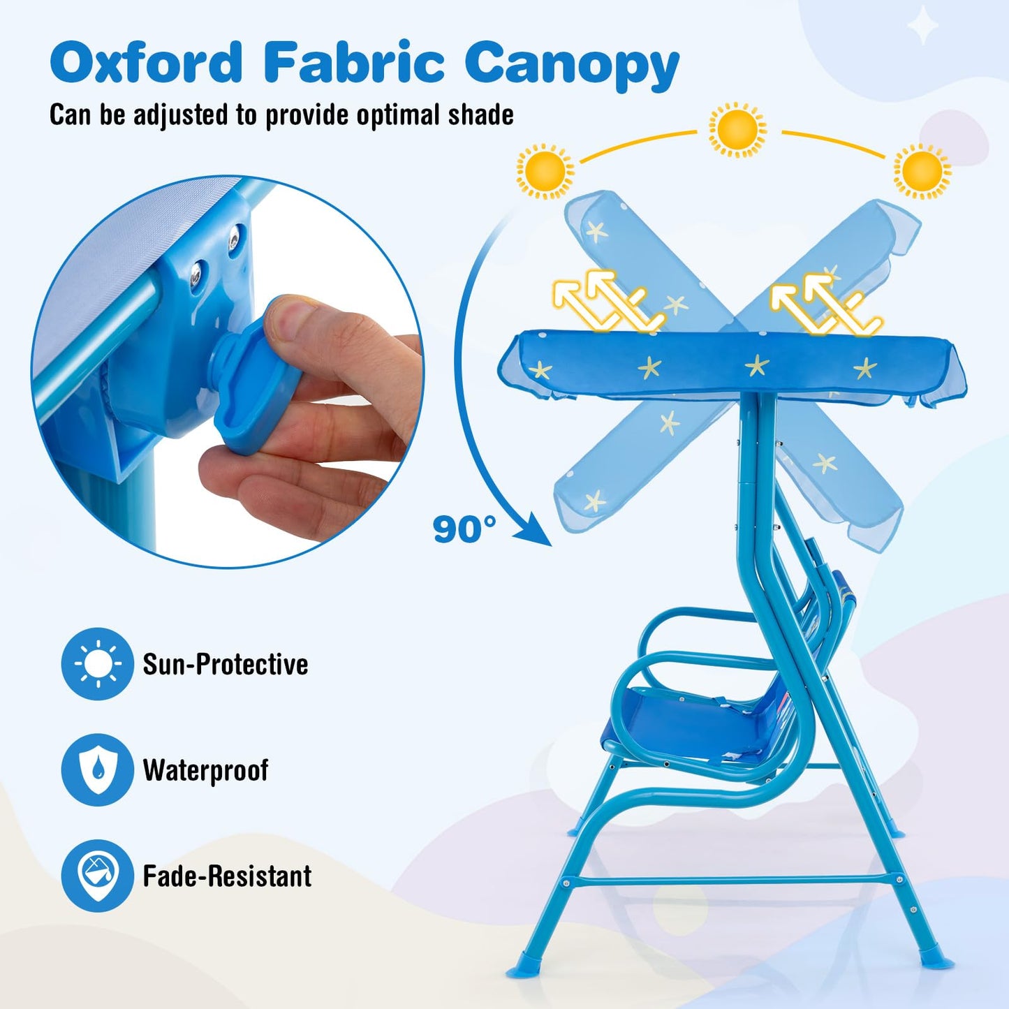 HONEY JOY Kids Patio Swing, 2-Seater Outdoor Porch Swing Lounge Chair, Adjustable Canopy & Safety Belt, All Weather Resistant Waterproof Hanging Swing Bench for Garden Poolside Balcony(Blue Dinosaur)