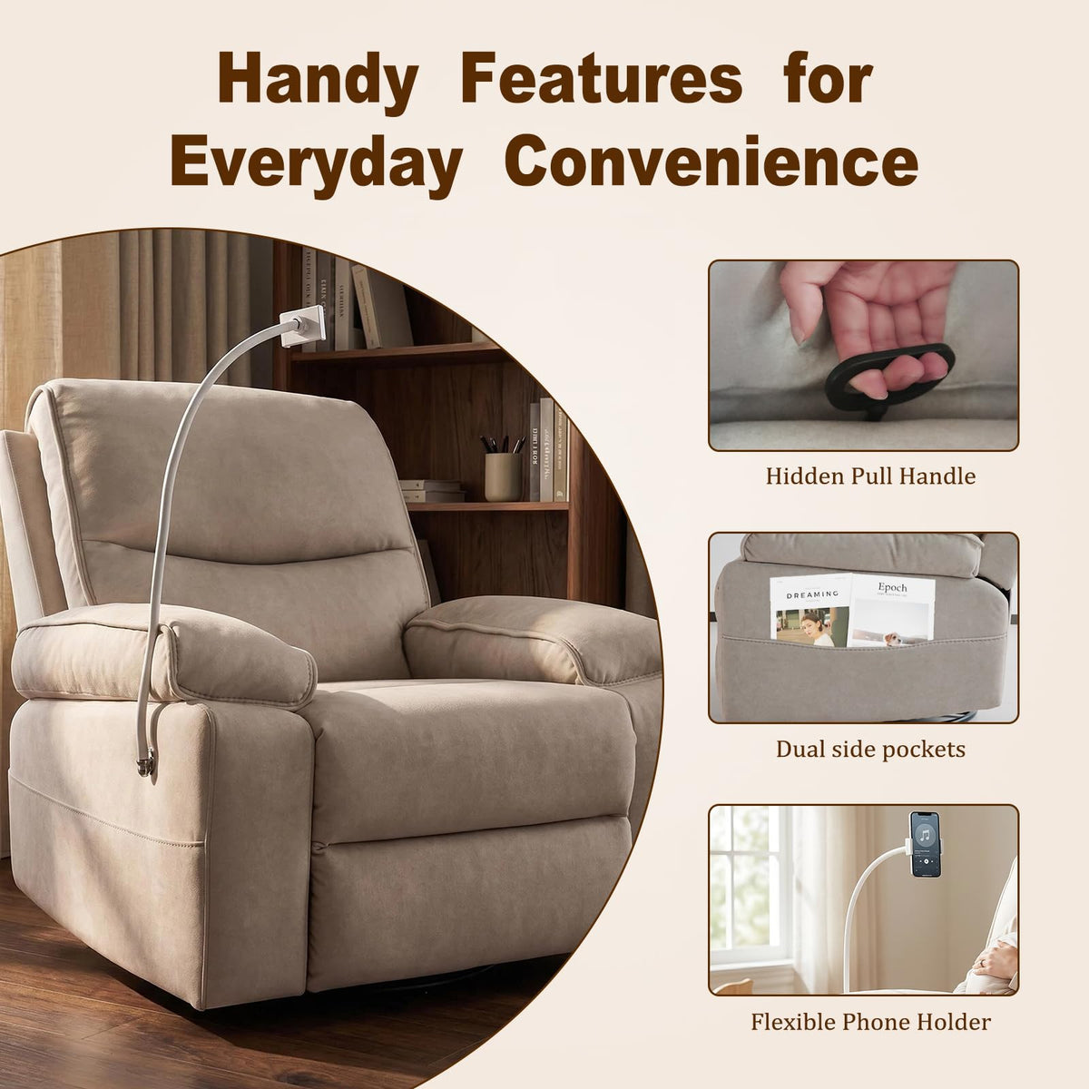 DEPSIS 360° Swivel Glider Rocking Chair Nursery， Oversized Recliner with Phone Holder，Nursing Chairs for Breastfeeding with Wide Foot Rest for Living Room and Baby Room,Beige