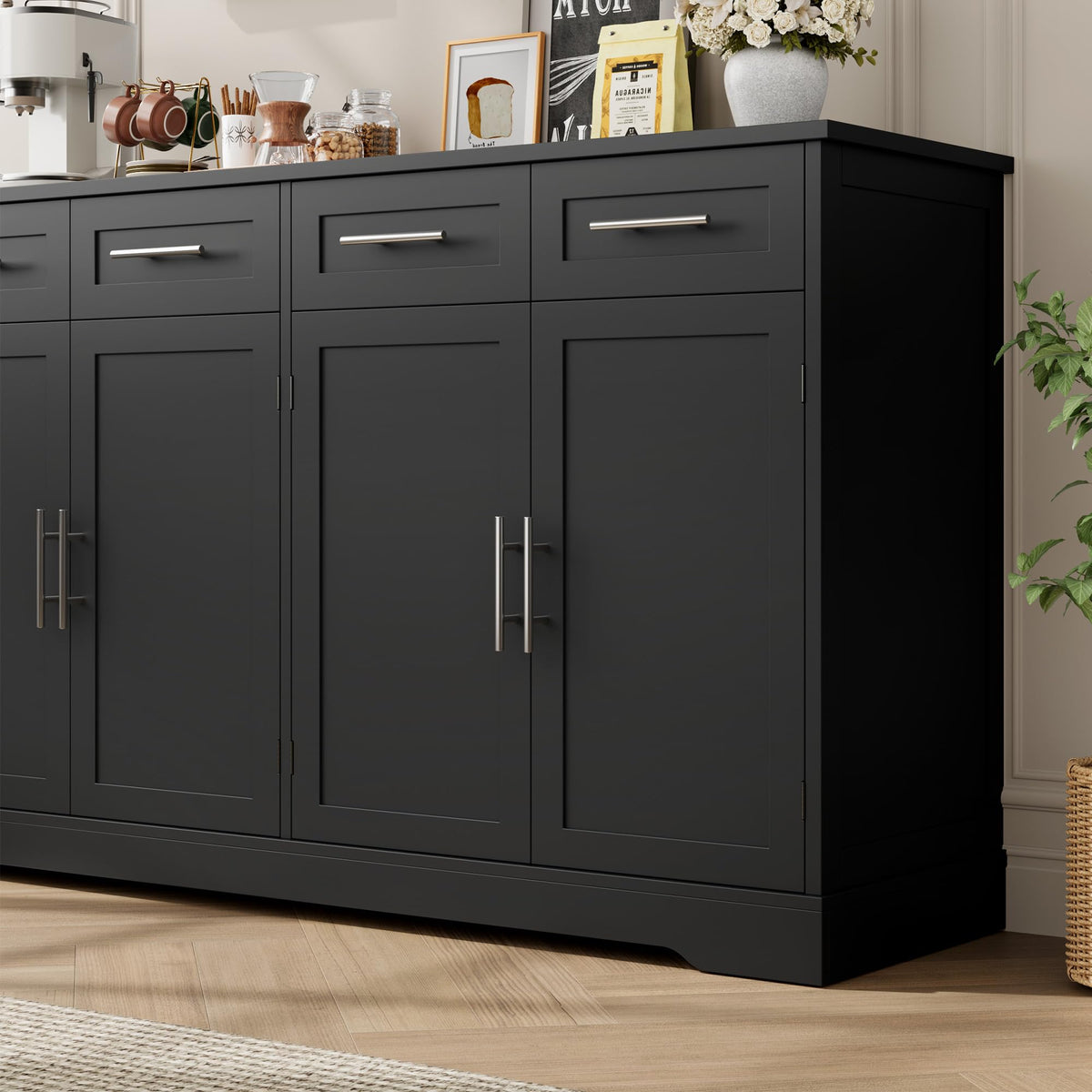 HOSTACK 60" W Sideboard Buffet Cabinet with Storage, Kitchen Cabinet, Black