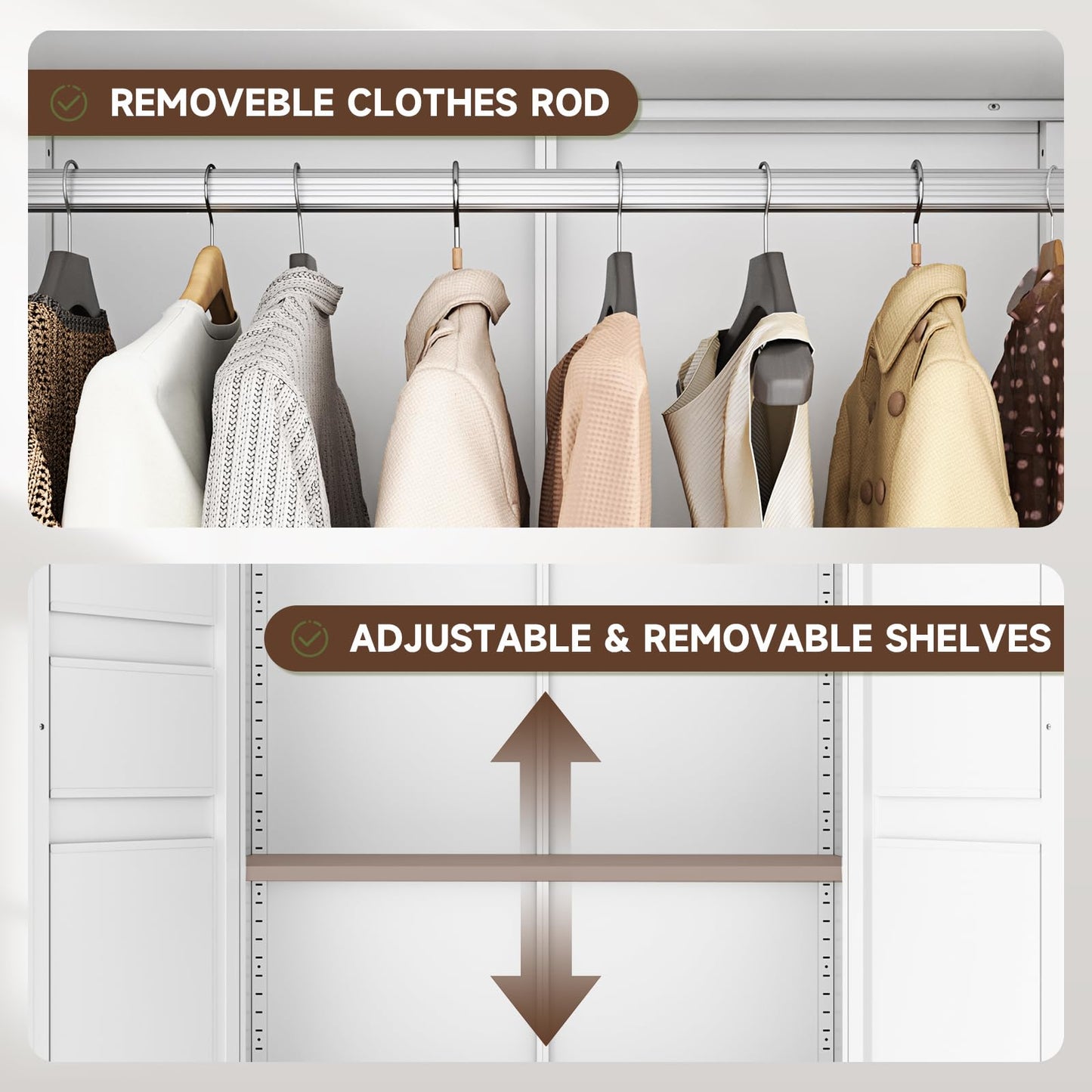 Letaya Metal Armoire Wardrobe Closet with 2 Drawers,18" Deep Clothing Storage Cabinet with Doors and Shelves,Coat Closet with Hanging Rod,Bedroom,Home,Cloak Room,White