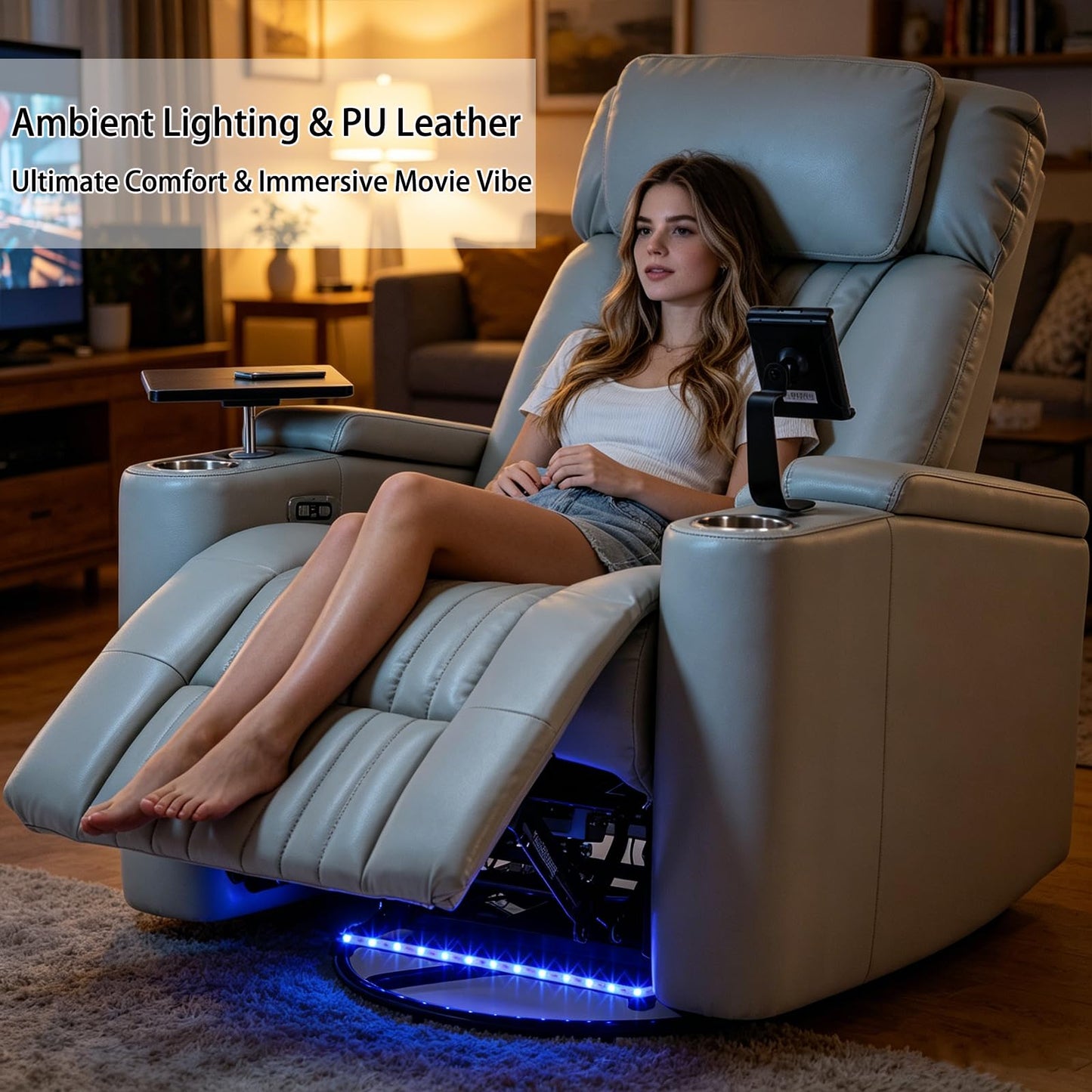 COSYTREE Home Theater Seating Power Recliner Chair, 270°Swivel PU Leather Theater Recliner with LED Ambient Lights, 360°Rotating Tray Table,USB Charging,Cup Holders & Hidden Arm Storage, Light Gray