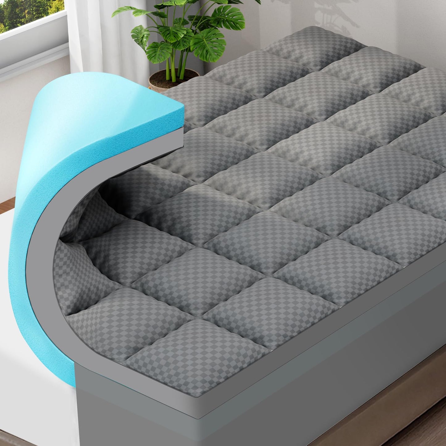 OLANLY Dual-Layer 4 Inch Cal King Size Memory Foam Mattress Topper for Back Pain, 2 Inch Cooling Pillow Top Mattress Pad Cover and 2 Inch Gel Memory Foam Topper, Deep Elastic Pocket, Grey