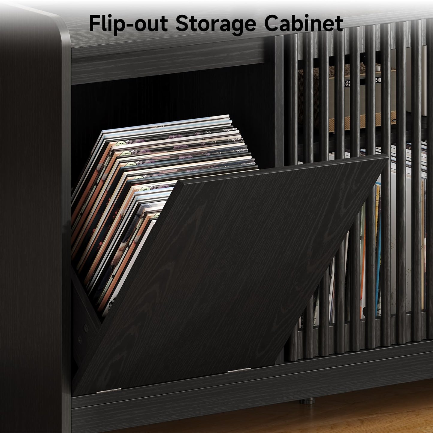 ONBRILL 48" Record Player Stand w/Flip-Out Storage Cabinet, Sliding Door