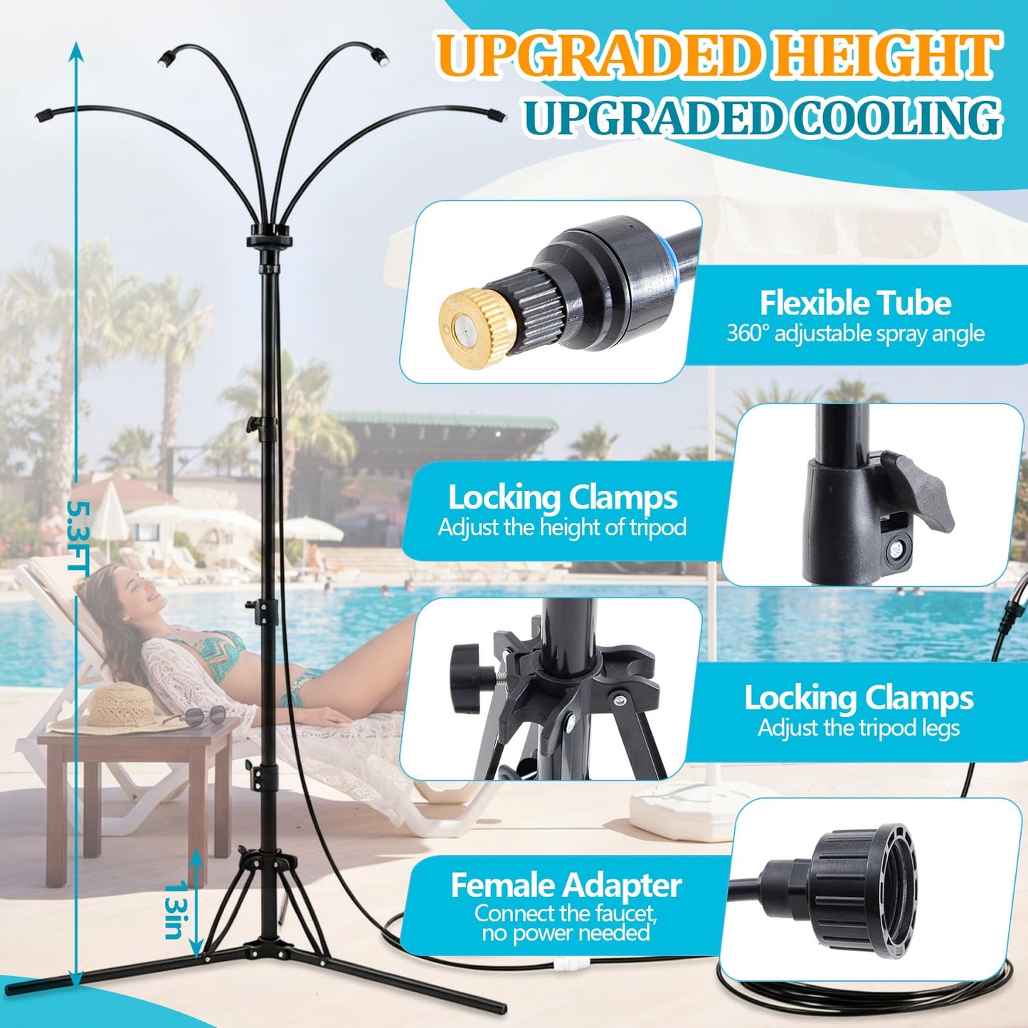 Pickmesh 2 Set Standing Misters for Outside Patio, Adjustable Height 5.3 FT Misting System for Cooling Outdoor, Portable Water Mister with 26FT 360° Flexible Hose & Tripod, for Patio, Backyard, Pool