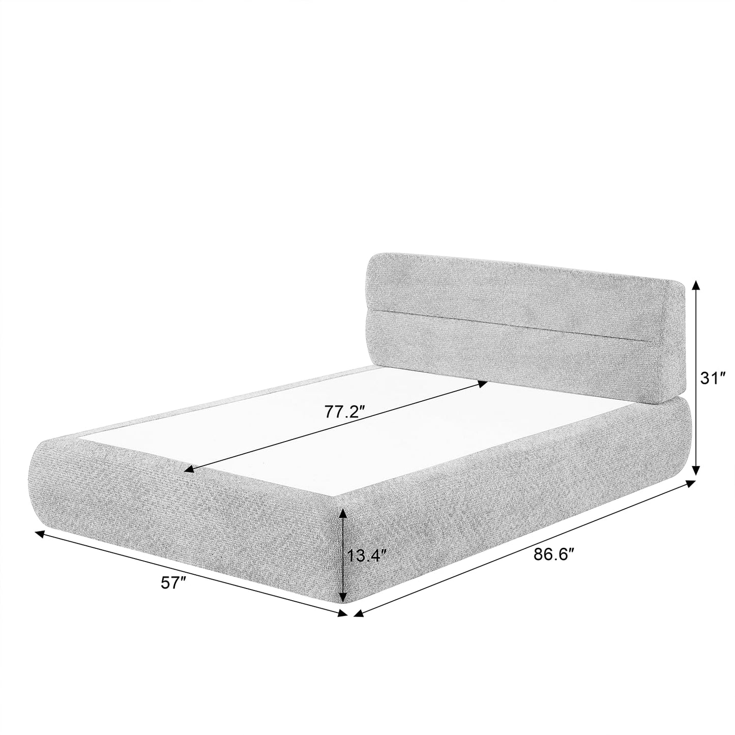 WDYLWFHW Full XL Dark Grey Floor upholstered Platform Bed with Headboard, Chenille Compressible Bed Frame with Sponge Mattress, Bedroom Furniture No Box Spring Needed (Dark Grey)