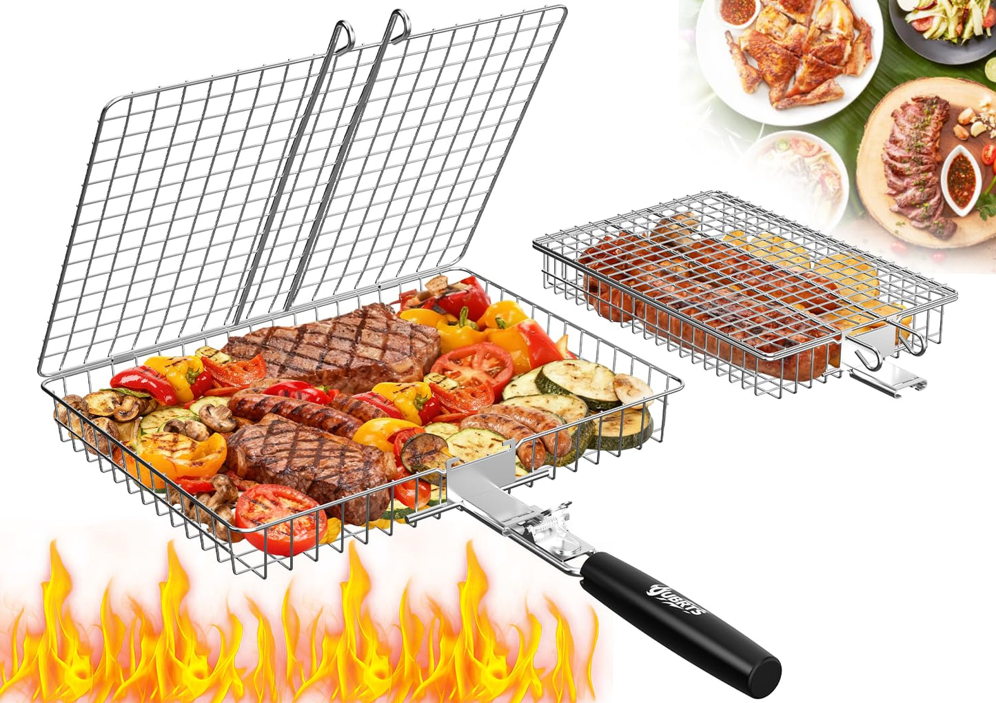 Grill Baskets for Outdoor Grill, 2PCS BBQ Grilling Basket with Removable Wooden Handle, Stainless Steel Camping Cooking Grill Accessories for Meat Fish Vegetable Seafood, Gifts for Men Dad Husband (Silver)