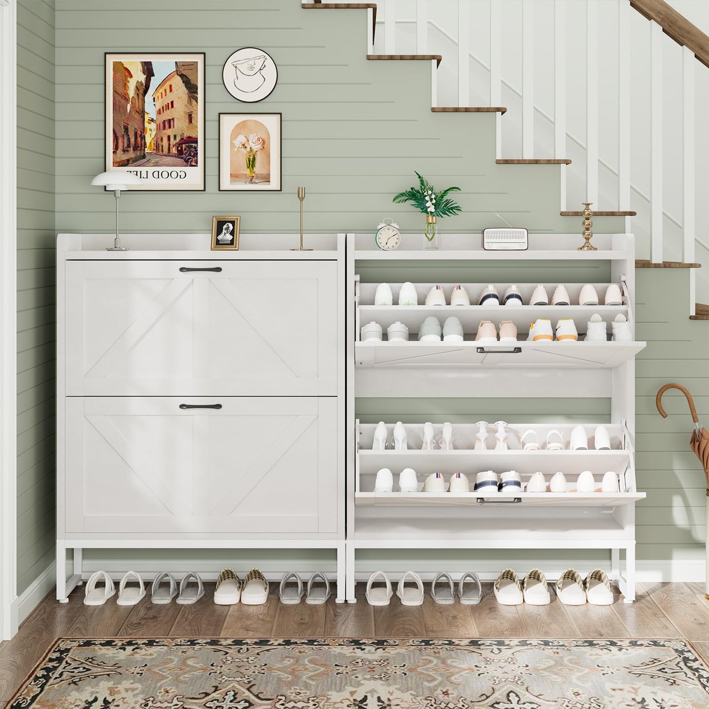 GRUSIGN Shoe Cabinet, Shoe Storage Cabinet with 2 Flip Drawers & Adjustable Shelf, Space-Saving Shoe Organizer – Holds 16+ Pairs, Narrow Shoe Cabinet Storage for Entryway/Hallway（White）