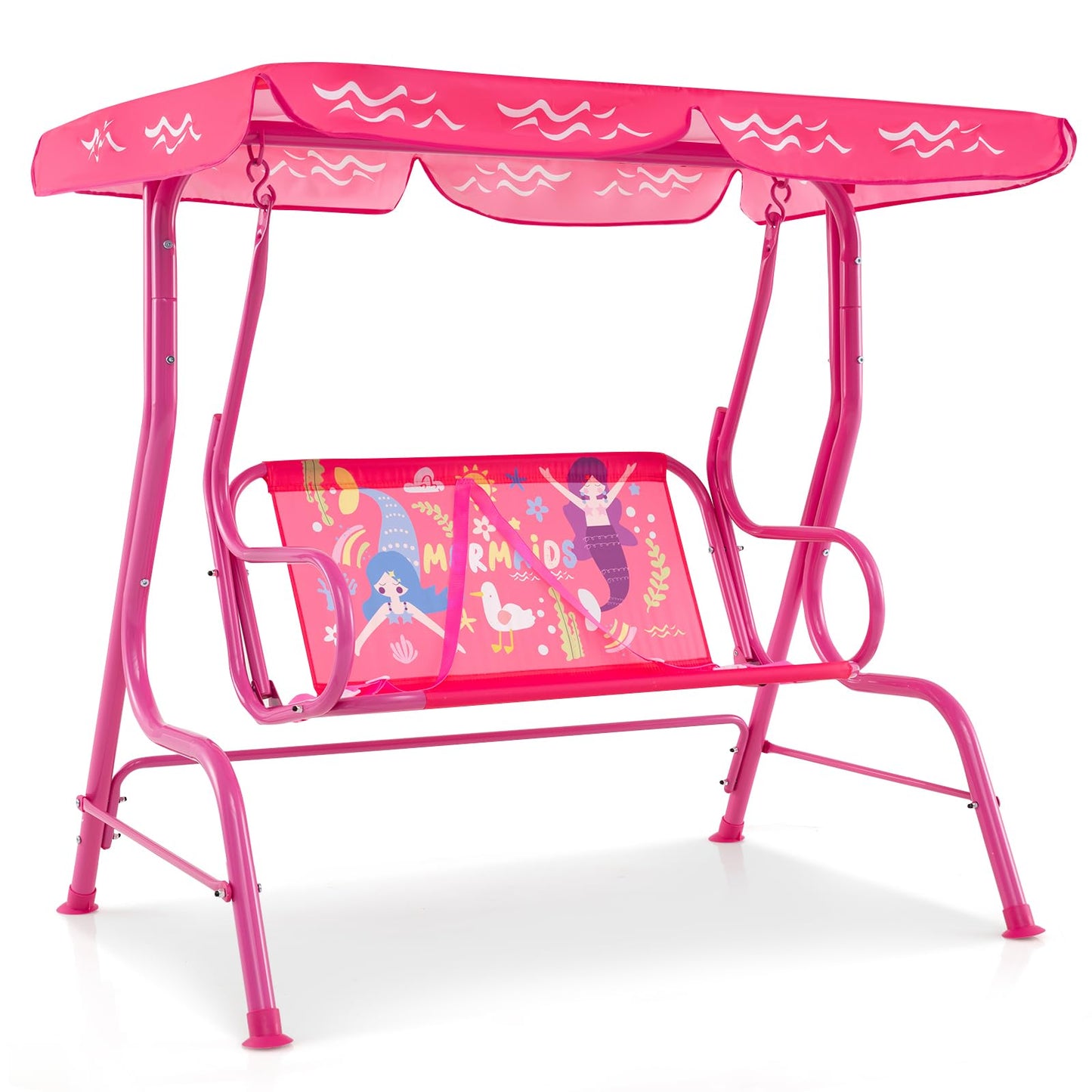 Costzon Kids Porch Swing, All-Weather Patio Swing Bench Hammock w/Adjustable Canopy & Safety Belts for 2 Children, Outdoor Swing for Backyard Garden Balcony Poolside (Pink, Mermaid)