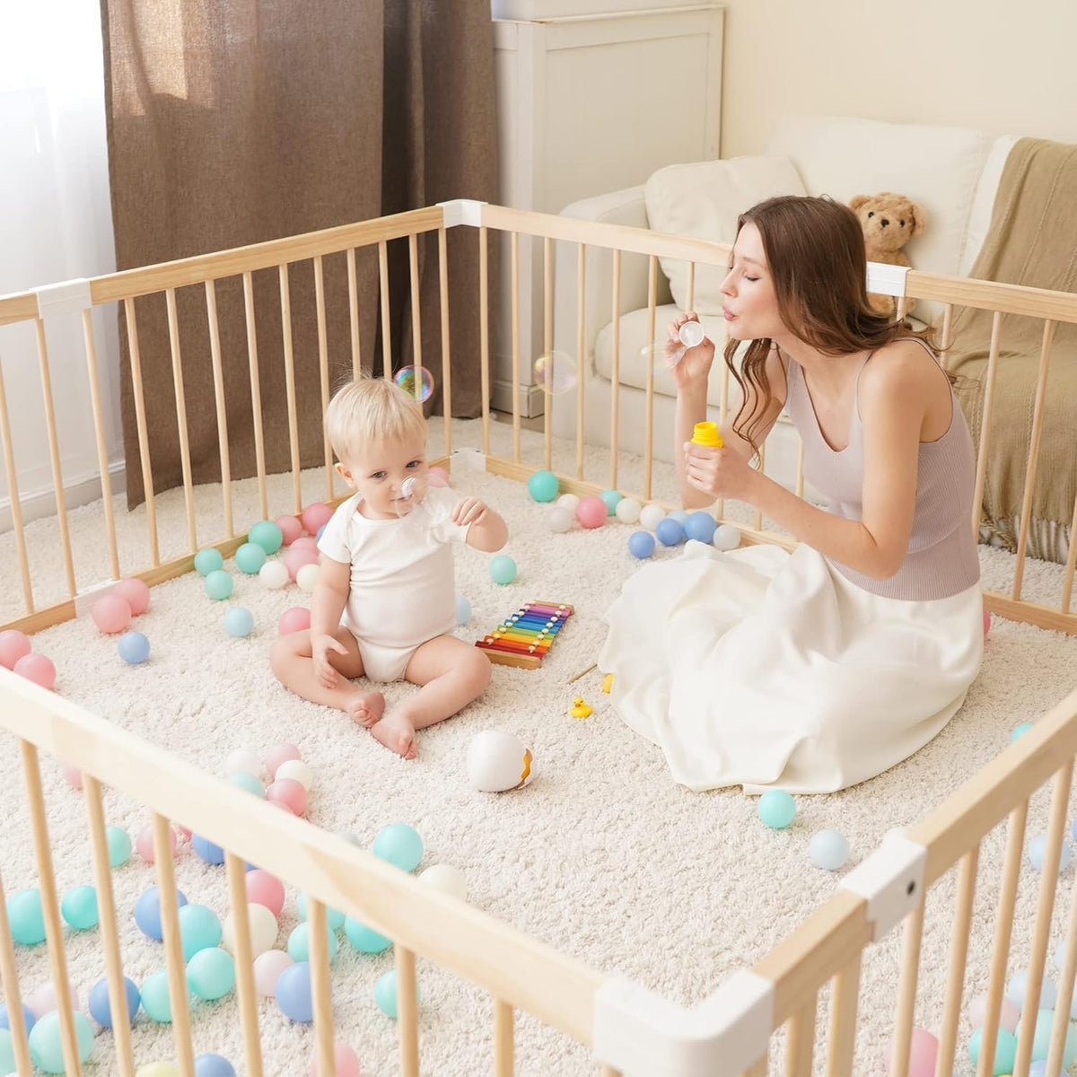 GGF 79×71" Rectangular Wooden Playpen, Dual-Lock Gate Toddler Fence