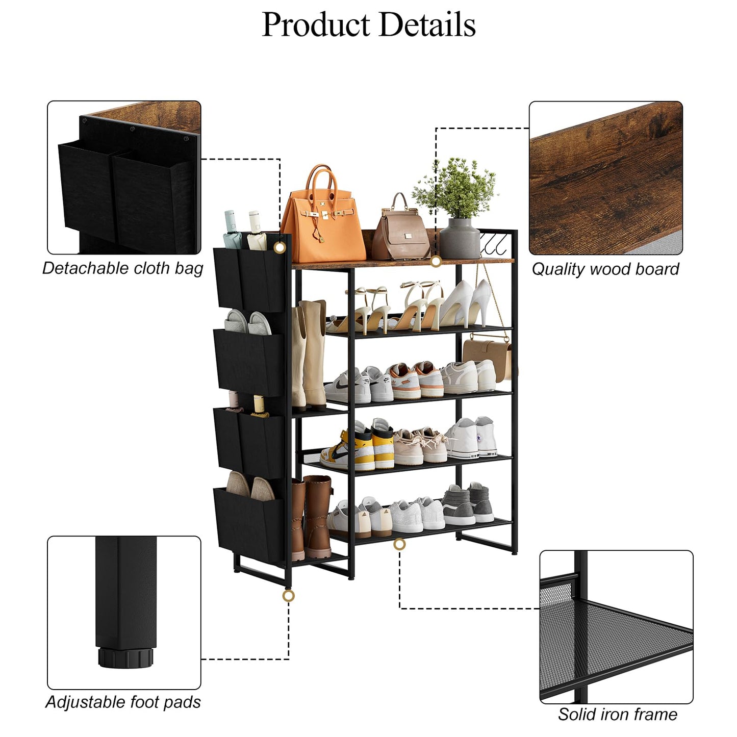 Brown 5-Tier Shoe Organizer - Free Standing Shoe Rack with Storage Bag for High Heels, Entryway, Hallways, Closets, Dormitory Rooms
