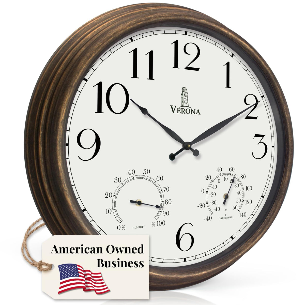 Large Outdoor Patio Clock - Waterproof Thermometer Combo, 24 Inch, Bronze