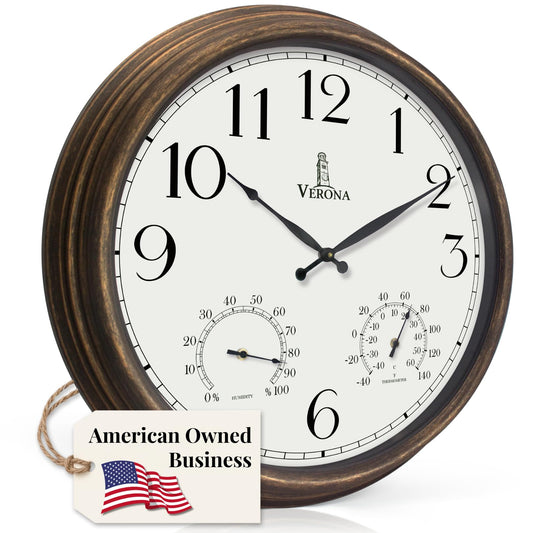 Large Outdoor Patio Clock - Waterproof Thermometer Combo, 24 Inch, Bronze