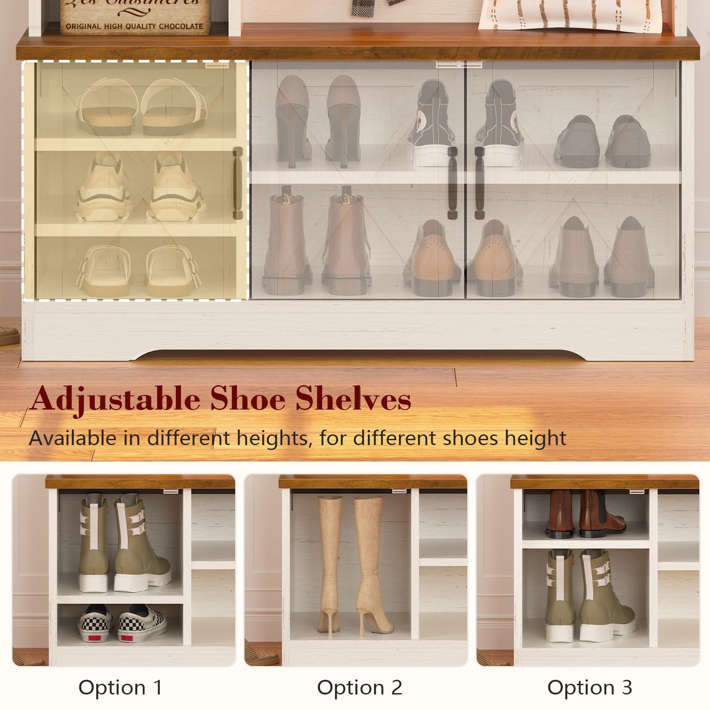 CSZZD Hall Tree with Bench and Shoe Storage, Farmhouse Entryway Bench with Coat Racks and Led Lights, Tall Hall Tree with 7 Coat Hooks, 6 Storage Cubbies, Adjustable Shelf