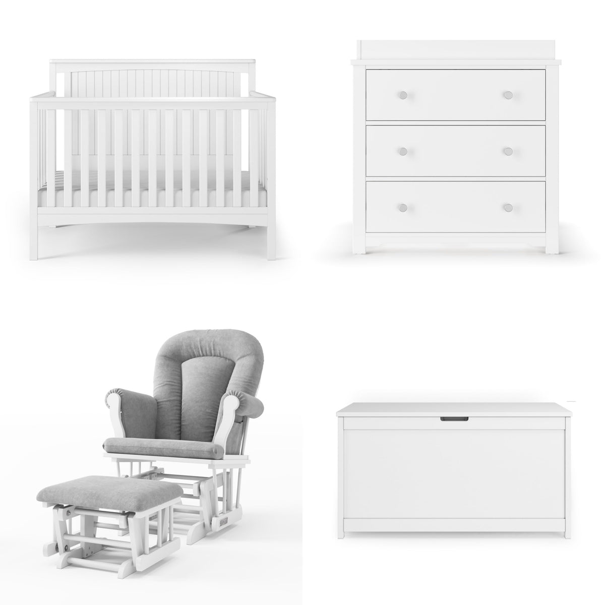 Child Craft Scout 4-in-1 Convertible Baby Crib Nursery Furniture Set - Baby Bed, Dresser with Changing Table Topper, Glider Chair, and Toy Box for Babies, Toddlers and Kids (4 Piece - Matte White)
