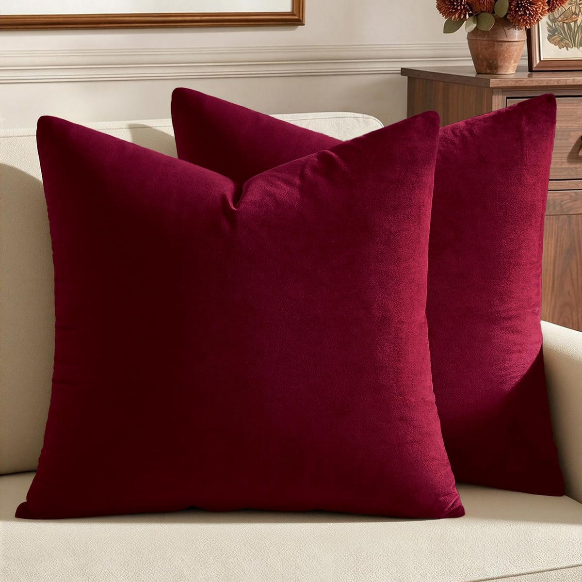 MIULEE Velvet ChristmasThrow Pillow Covers 18x18 Inch Pack of 2 Wine Red
