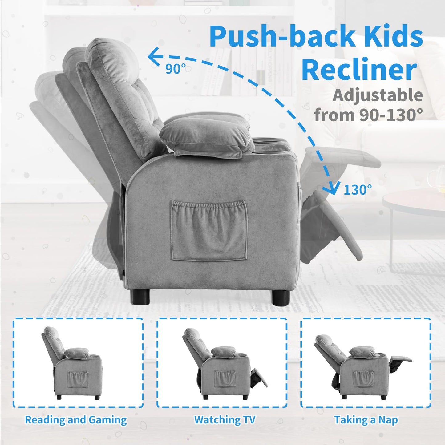 Kids Recliner, Toddlers Kids Recliner Chair with Cup Holder, Ergonomic Adjustable Velvet Lounge Chair with Footrest & Side Pockets, Toddlers Baby Sofa for Boys Girls Bedroom (Gray)