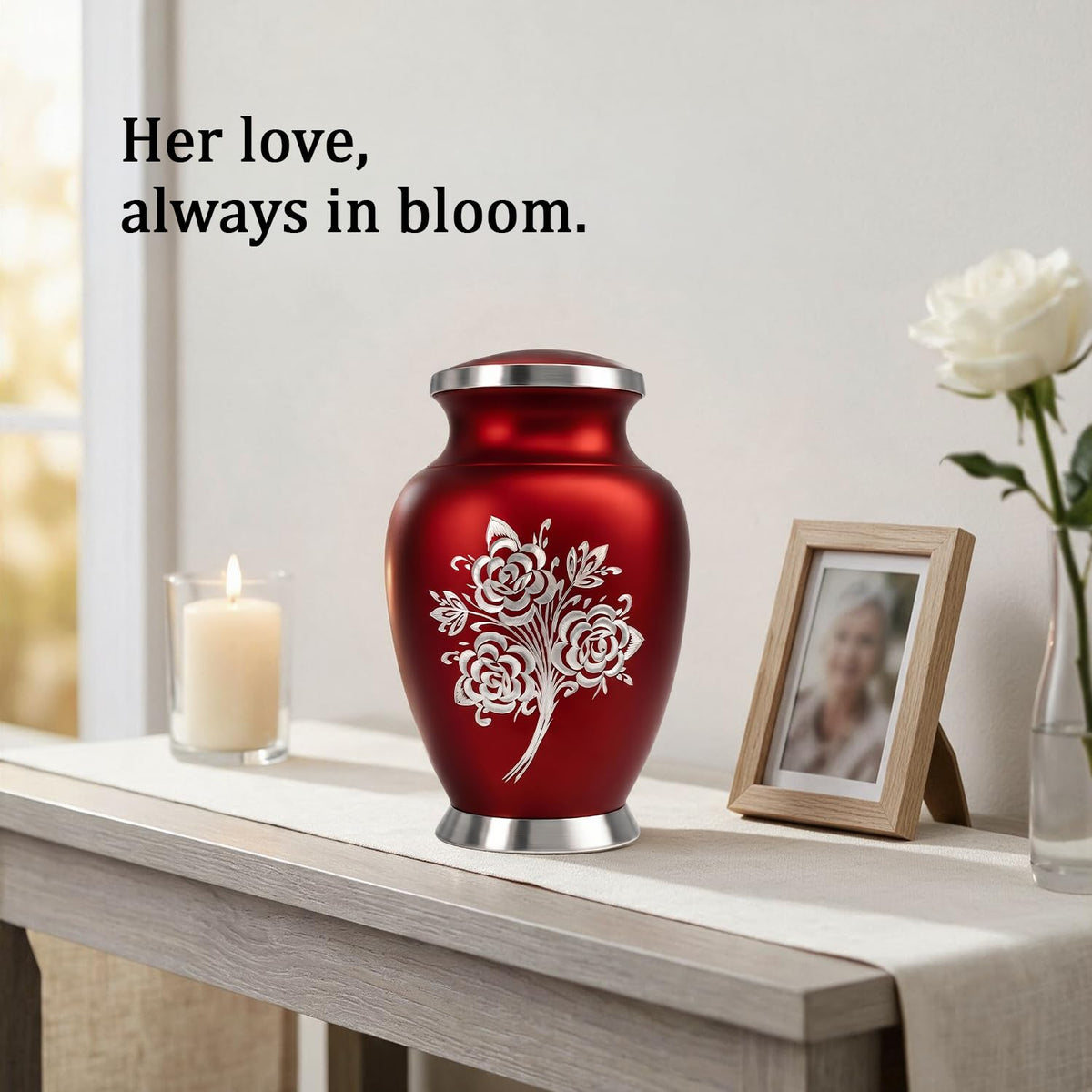 Large Cremation Urns for Human Ashes Adult Female - 200 Cubic Inches Capacity - Handcrafted Rose Urn Design - Honor Your Loved Ones with Decorative Funeral Urn for Ashes for Women (Red)