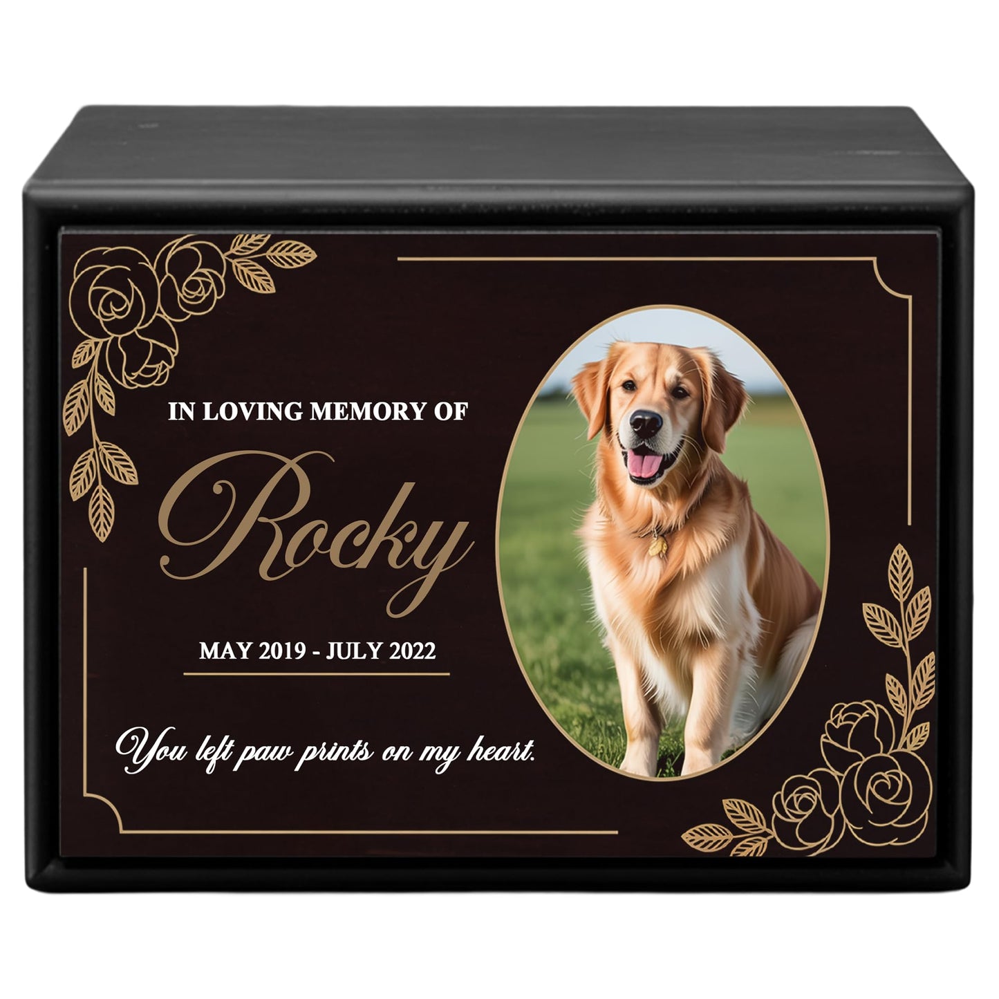 Personalized Wooden Urns for Dog Ashes - Custom Cremation Urn for Dogs up to 170 lbs - Add Your Pet Photo and Text - Custom Burial Memorial Keepsake - Black Design 6
