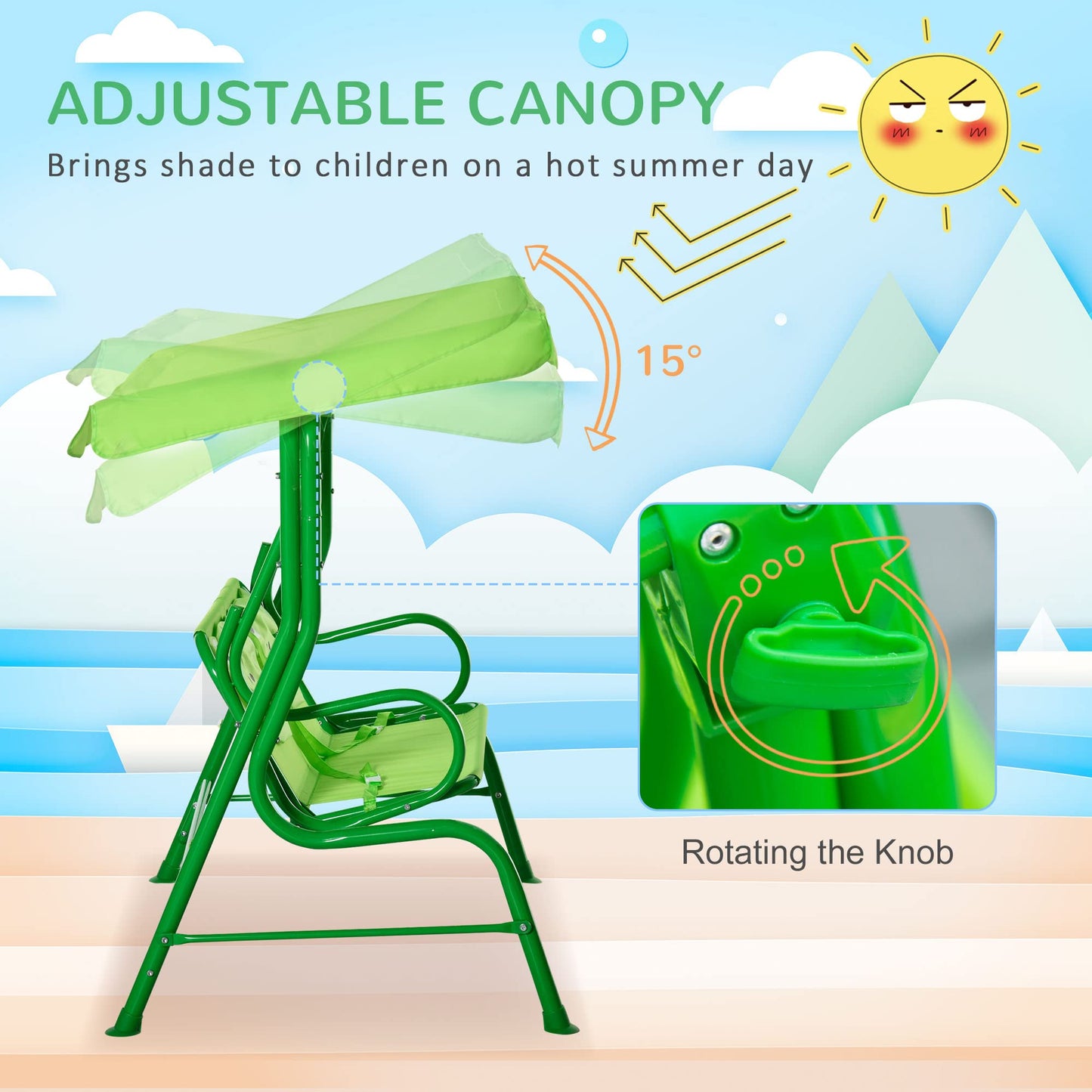 Outsunny Kids Patio Swing, 2-Seater Outdoor Swing Chair with Adjustable Canopy and Safety Belt, Frog Pattern Hanging Swing Bench for Garden or Backyard, Green