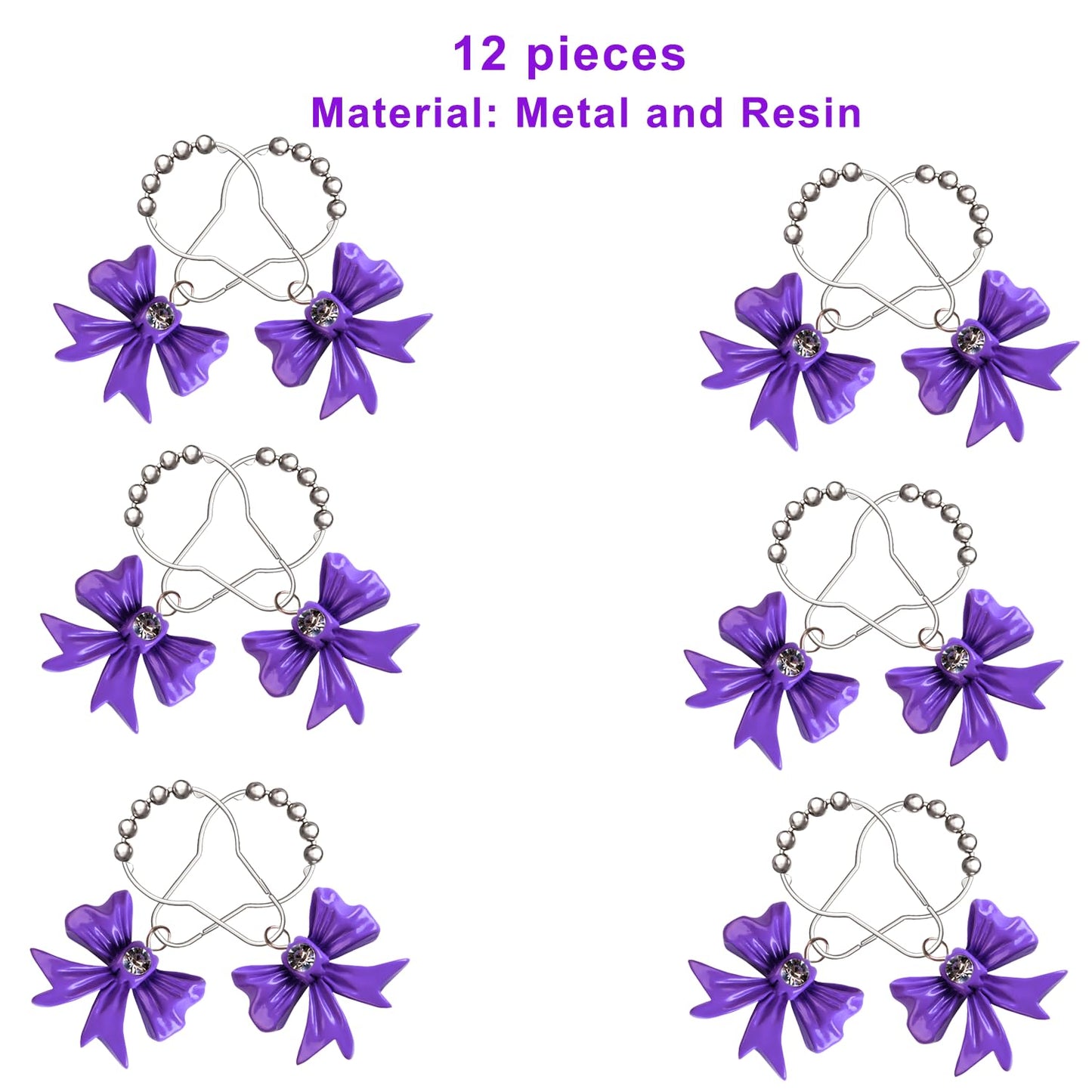 12 Pcs Purple Bow Knot Shower Curtain Hooks, Decorative Stainless Steel Shower Curtain Hooks for Bathroom Shower Rods
