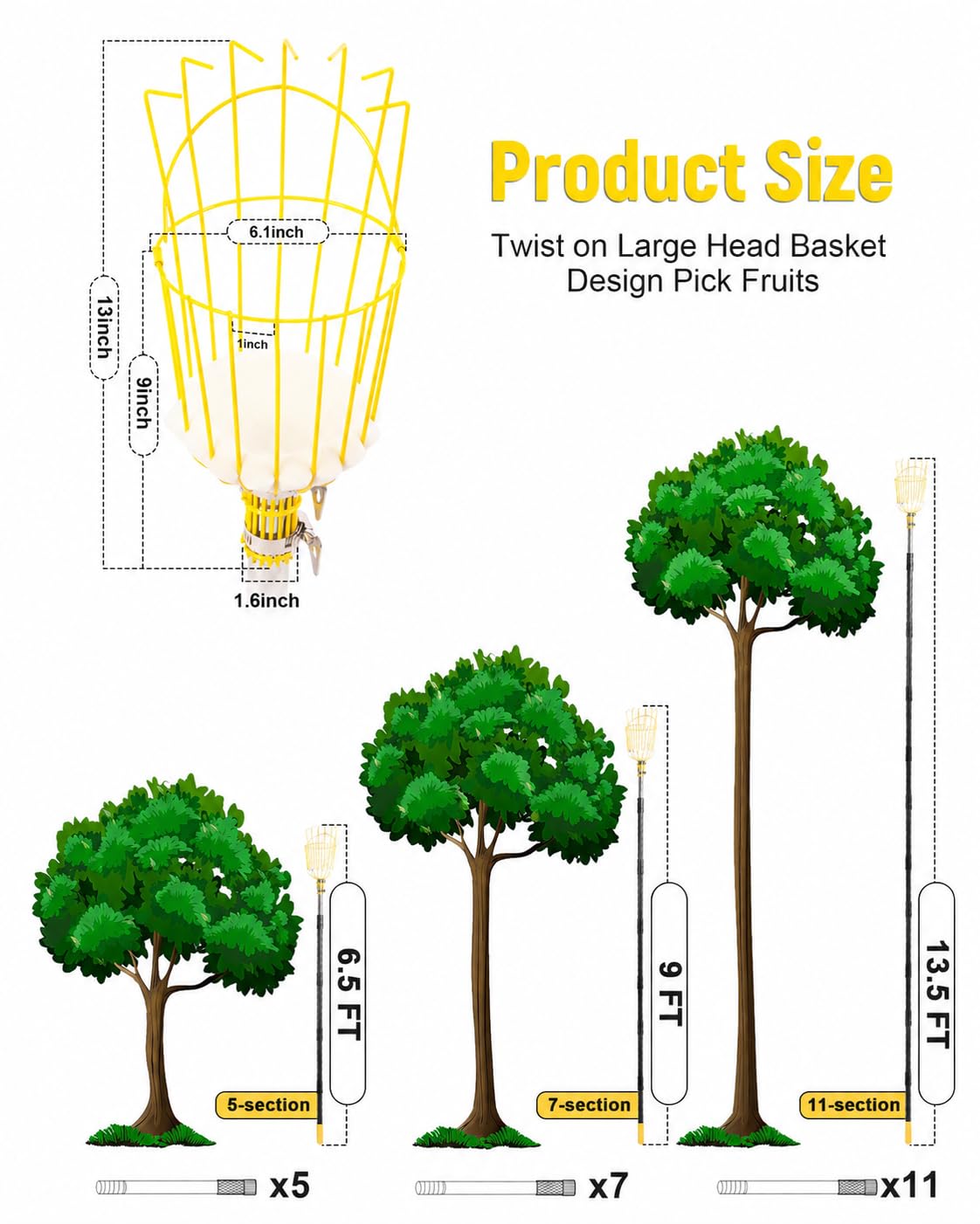BlumeTrec 9FT Fruit Picker with Basket, Apple Picking Tool 35–105 Inch Adjustable Pole, Long-Handle Mango Grabber, Tree Fruit Catcher for Harvesting Lemon Pear Orange Avocado Peach Citrus Grapefruit