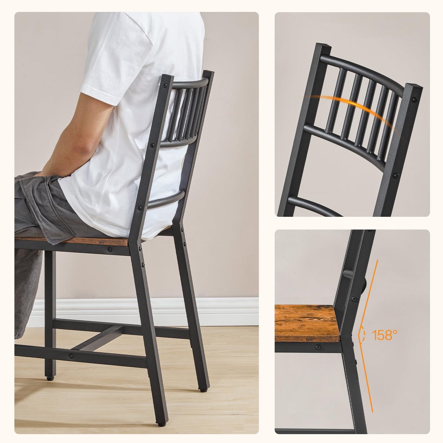 HOOBRO Dining Chairs Set of 2, Wooden Kitchen Chairs with Metal Frame, Industrial Dining Chairs with Back, Easy to Assemble, Farmhouse Dining Chairs for Living Room, Rustic Brown and Black BF39CD01