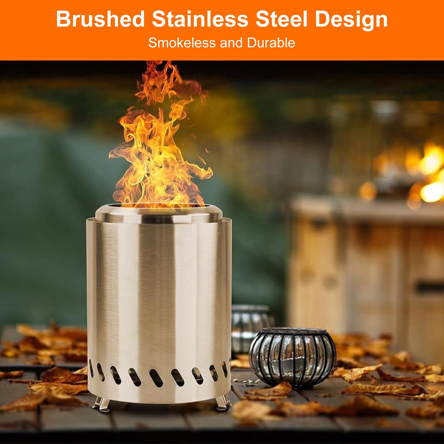 FAHKNS Smokeless Tabletop Fire Pit, 304 Stainless Steel Mini Tabletop Fire Pit for Deck and Outdoor Camping, Removable Ashtray, Dual Fuel Stove, Silicone Mat and Travel Bag, 5.5 * 8IN