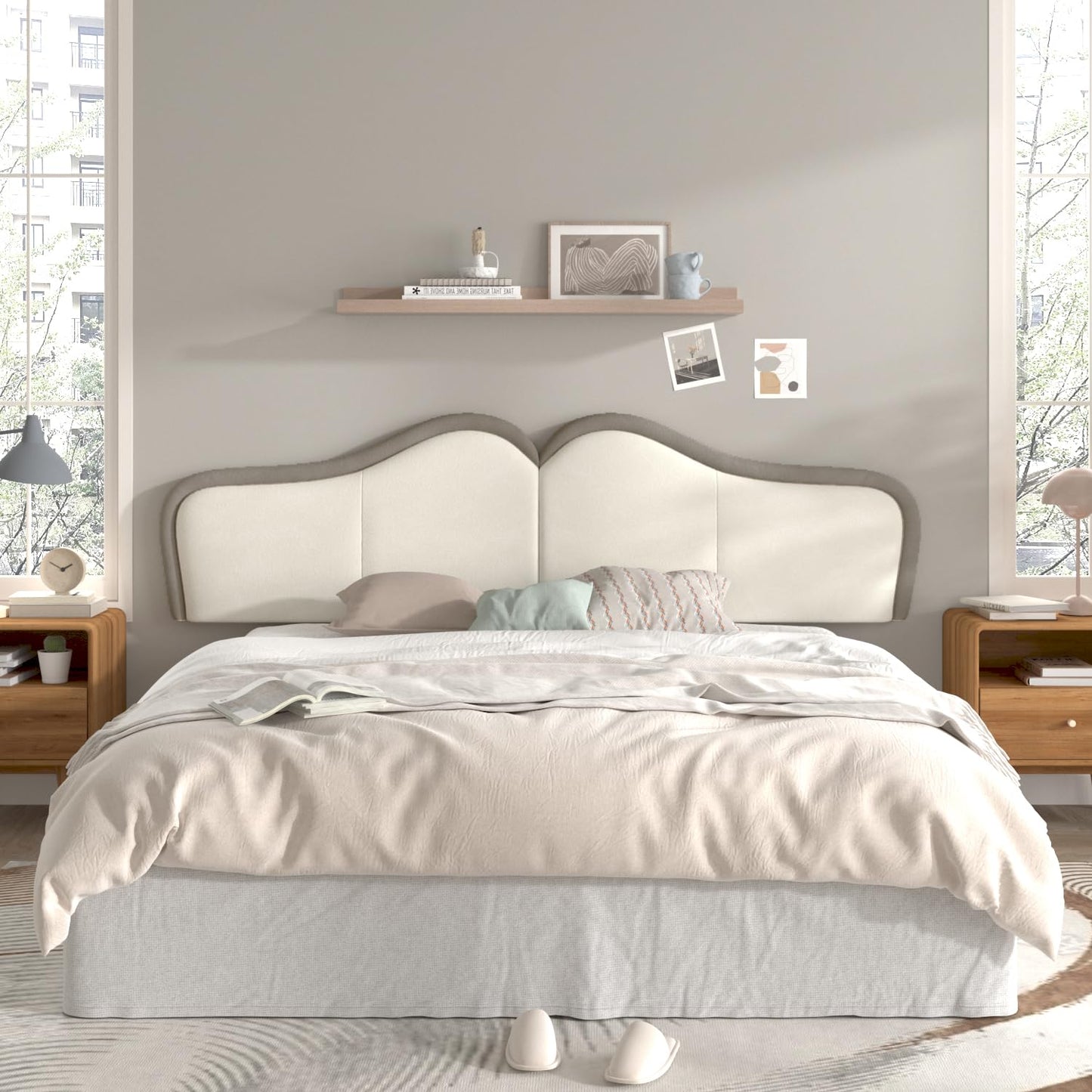 King Headboard,Upholstered Headboards Bed Head Board Modern Wave Shaped Velvet Wall Mount Bed Headboard for Stylish Bedroom Decor(King,Beige+Brown)