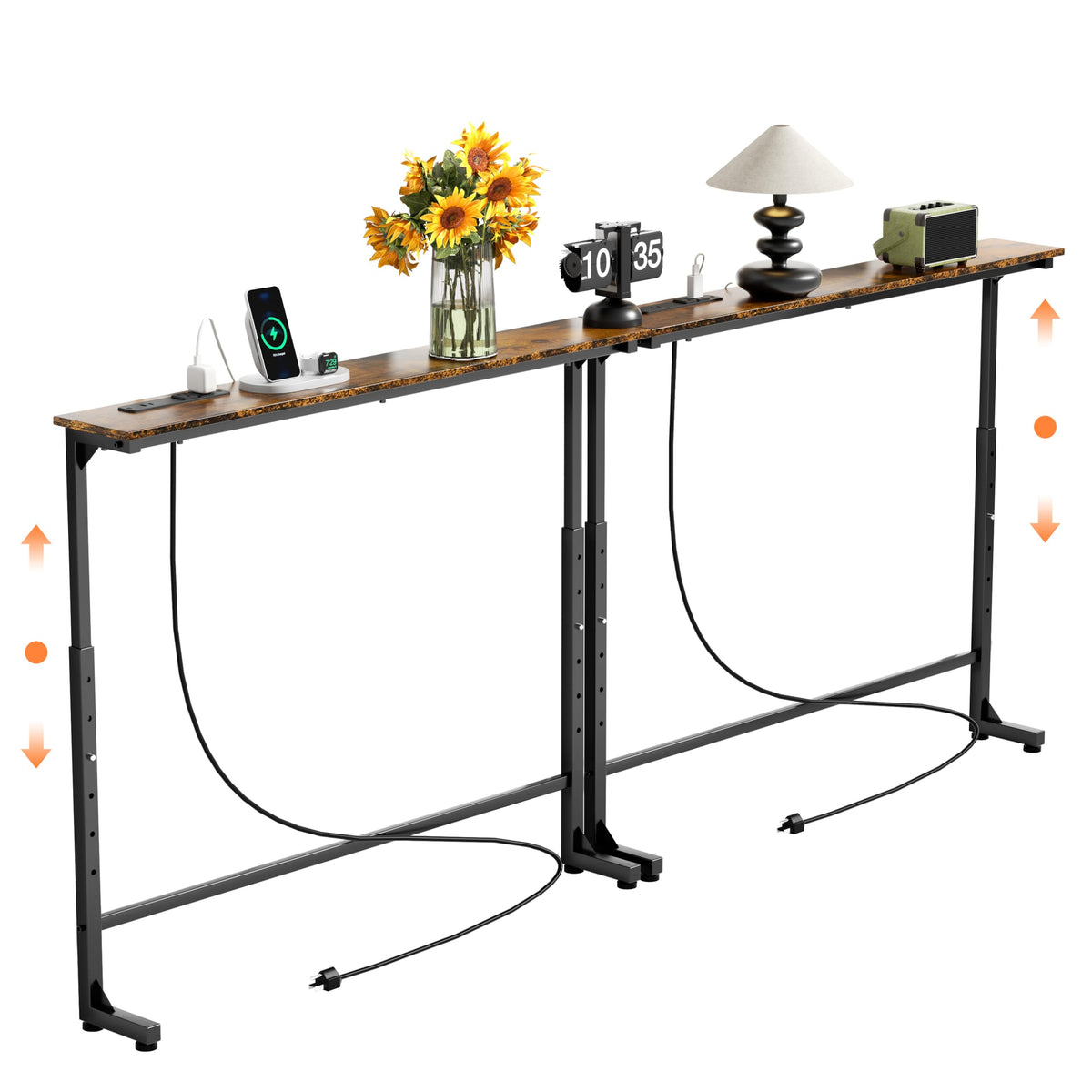 GRLEAF 2 Pack Adjustable Height Narrow Console Table with Power Outlets, 78.7" Long Sofa Table with Charging Station Behind Couch Table Entryway Table for Living Room and Hallway – Rustic Brown