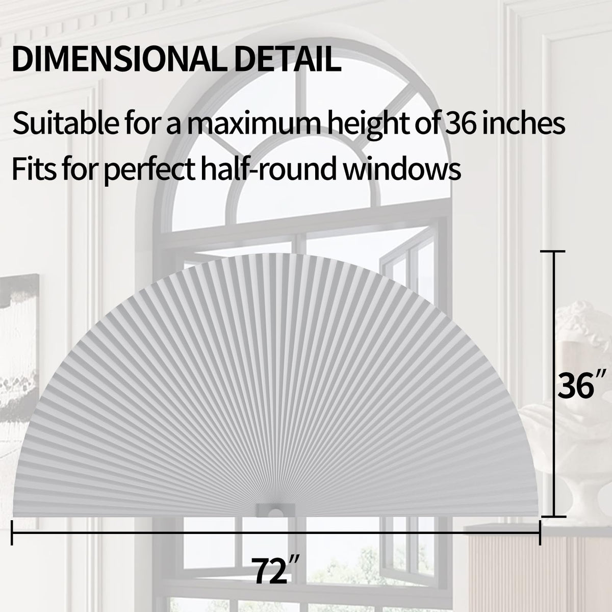 Myshade Arch Window Shades Half Circle Blackout Cellular Shades Cordless No Drill Blinds for Windows Half Moon Honeycomb Fabric No Tools Room Darkening Shades Easy Install (1PCS White 72" W X 36" H)
