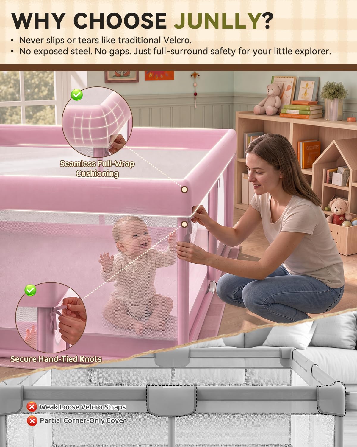 JUNLLY Pink Baby Playpen 71"x59" - Extra Large Play Pen for Babies Toddlers