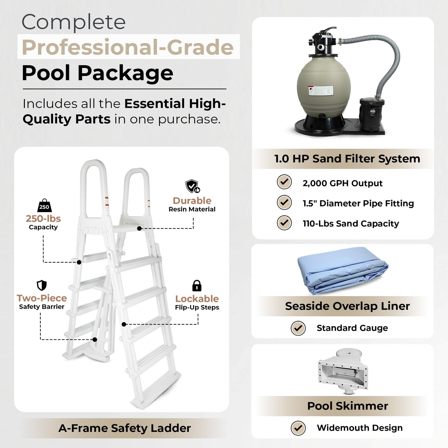 Blue Wave Marbella 15x30-ft Oval 52-in Deep Hard Sided Steel Wall Above Ground Pool with 6-in Steel Top Seats, Dual-Speed Sand Filter System, Ladder, Skimmer & Liner – 9,900 Gallon Cap for Family Use