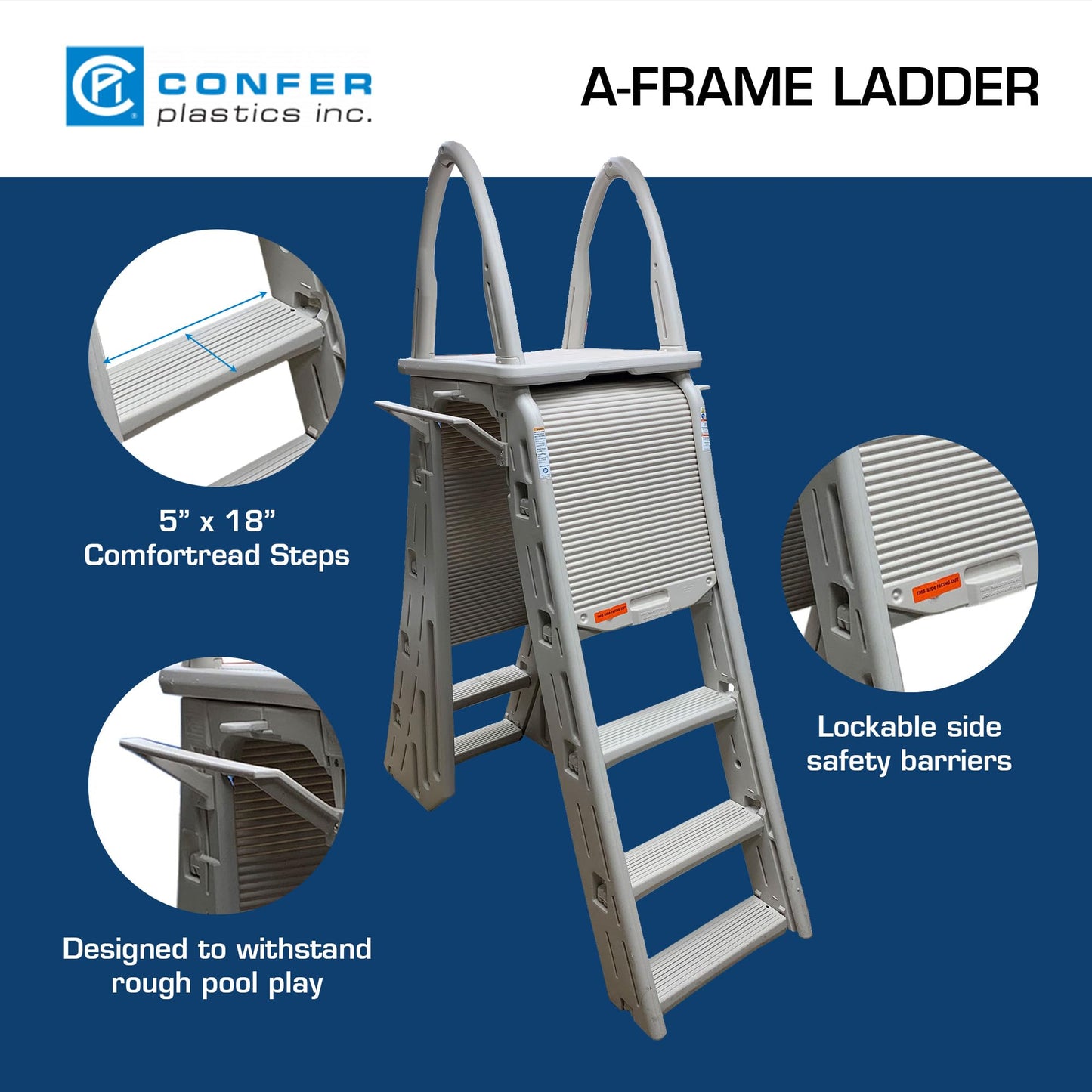 Confer Plastics 7200 Roll Guard fits Above-Ground Pool Heights from 48" to 56" A Frame Safety Ladder for Above Ground Outdoor Patio Swimming Pool Platform Ladder with Step Barrier Warm Grey