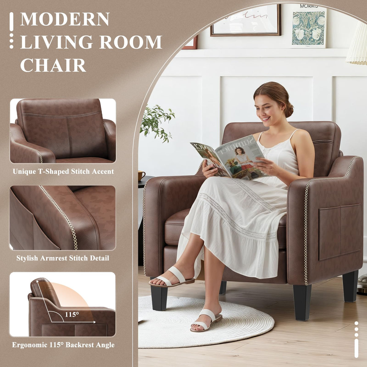 MALOL PU Leather Accent Chair Set of 2 with Wood Frame, Chocolate Brown