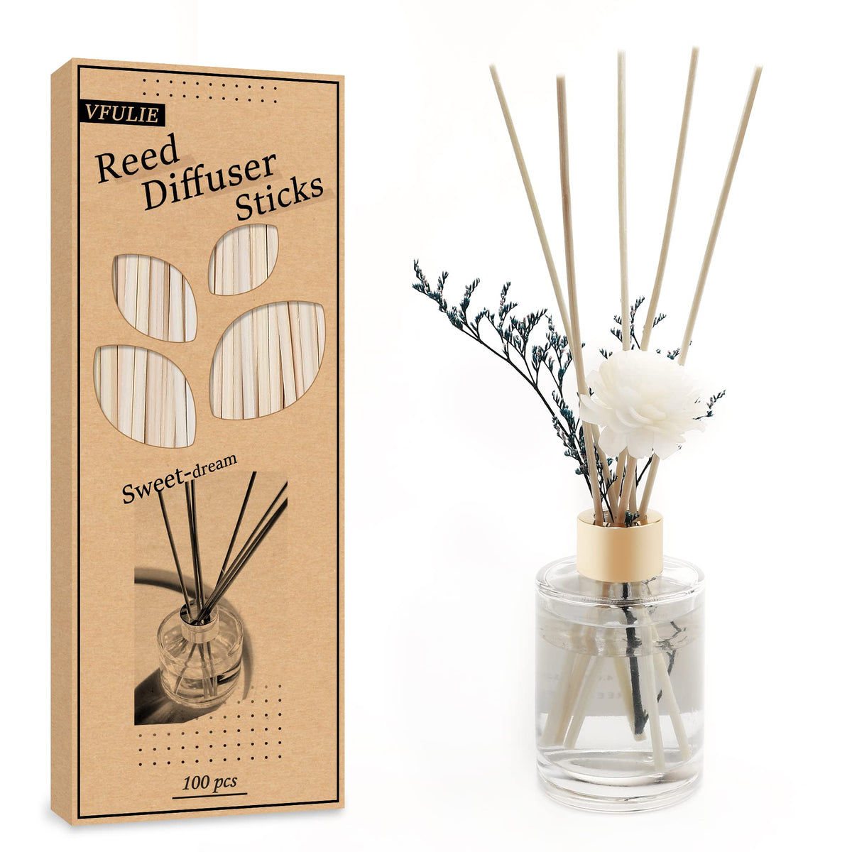 VFULIE 100PCS Reed Diffuser Sticks, Refill Replacement for Aroma Fragranc (100, Primary Color)