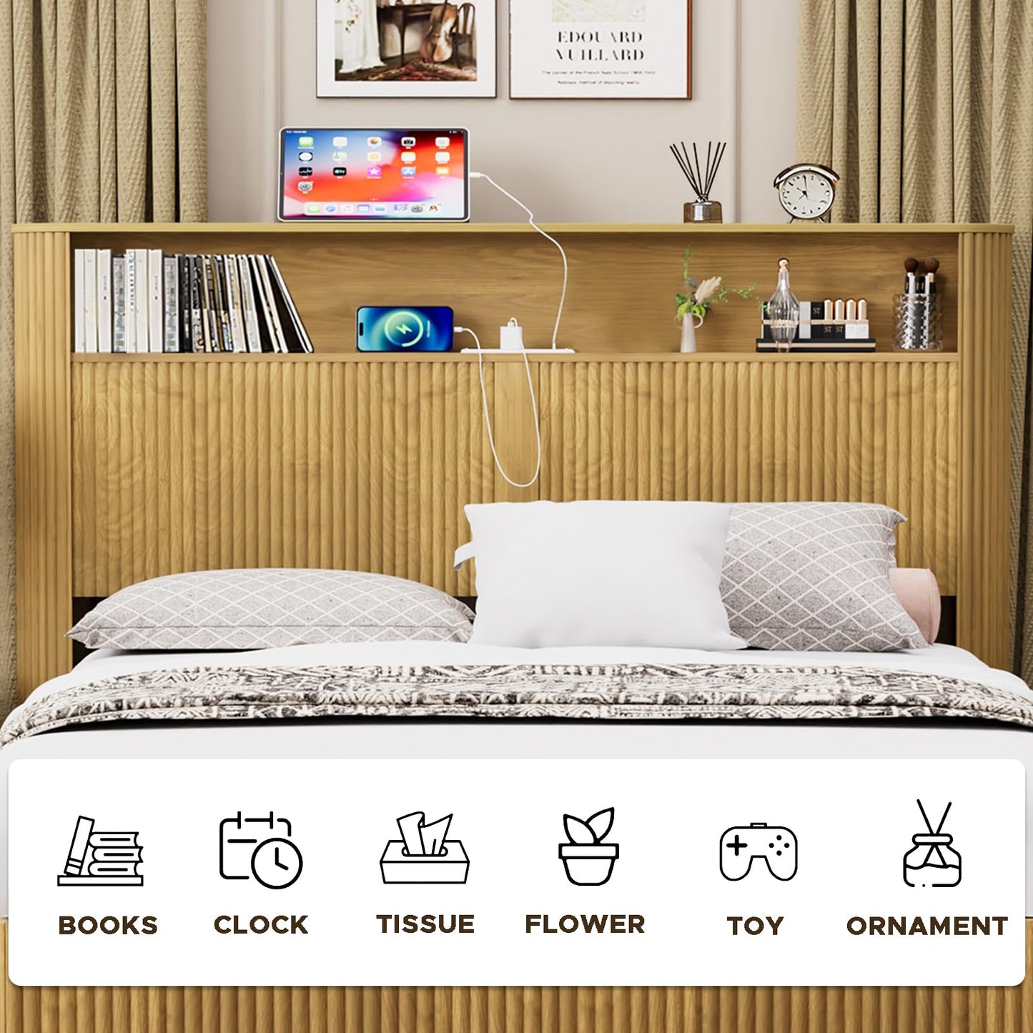 Rumiiro Full XL Size Bed Frame with Fluted Headboard Storage, USB/Outlets, Quiet Metal Slats, No Box Spring, Natural Oak