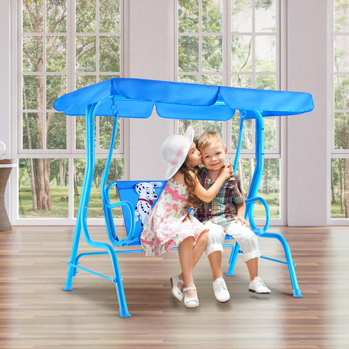 Happygrill Mini Patio Swing 2 Seats Porch Swing with Safety Belt Outdoor Lounge Chair Hammock with Canopy for Kids, Blue