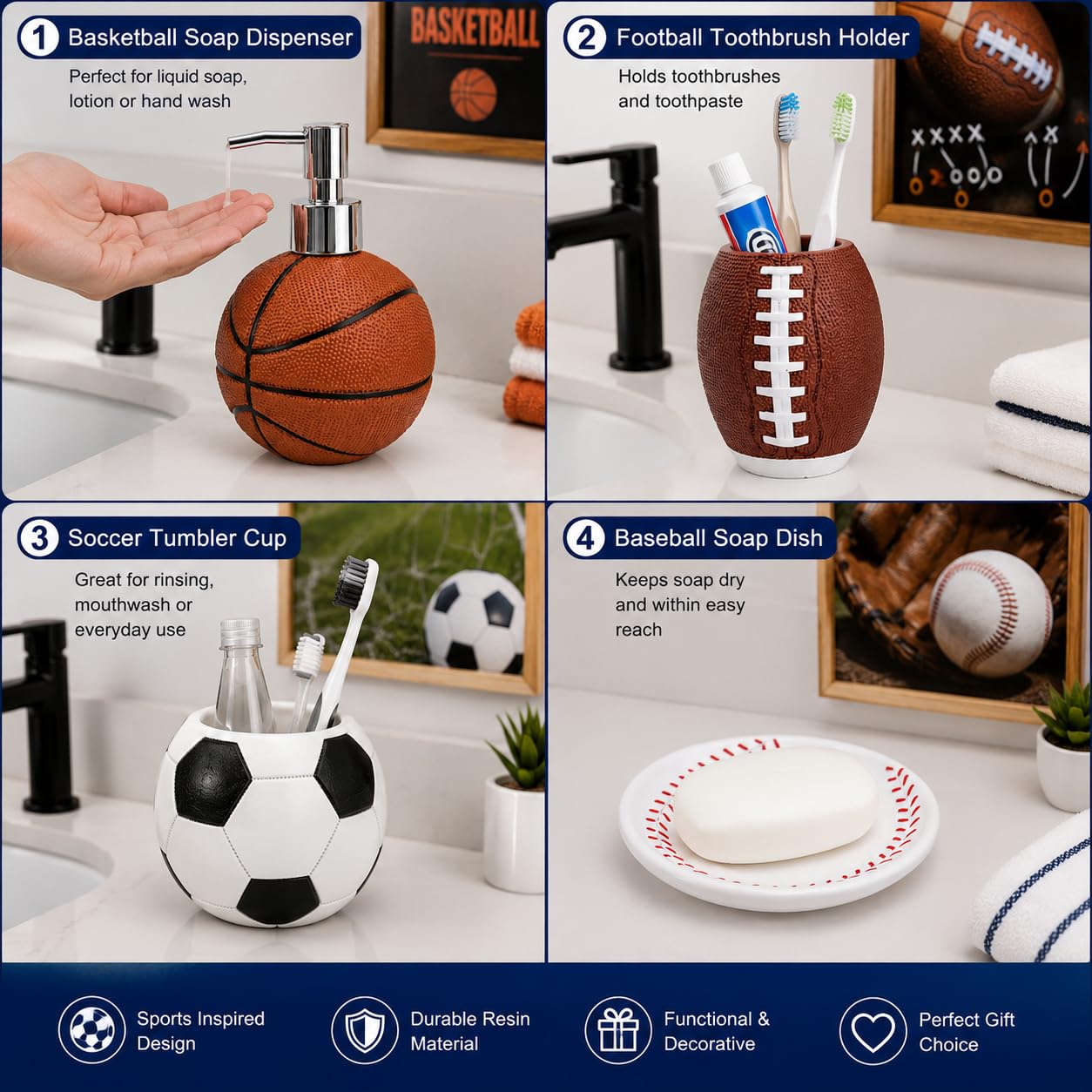 YangShiMoeed 4-Piece Sports Bathroom Accessories Set Complete with Basketball Lotion/Soap Dispenser,Soccer Bath Cup/Tumbler,Base Ball Soap Dish,Football Toothbrush Holder