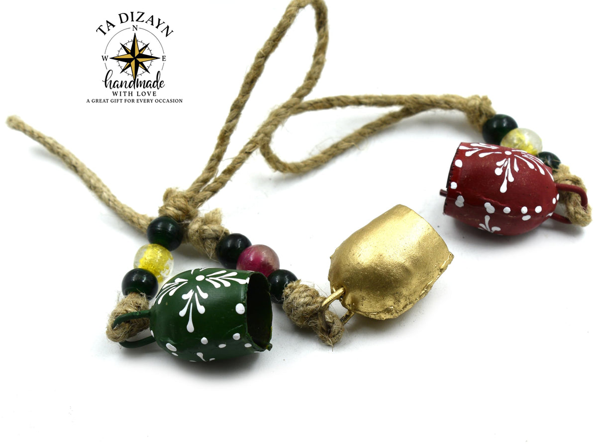 TA DIZAYN Handmade Decorative Bells, Gold Finish, Jute Rope, Rustic Style, Wall Hanging Decor, Door Knob, Wiccan Gifts for Home Wall Door (Beaded String Decorative Bells)