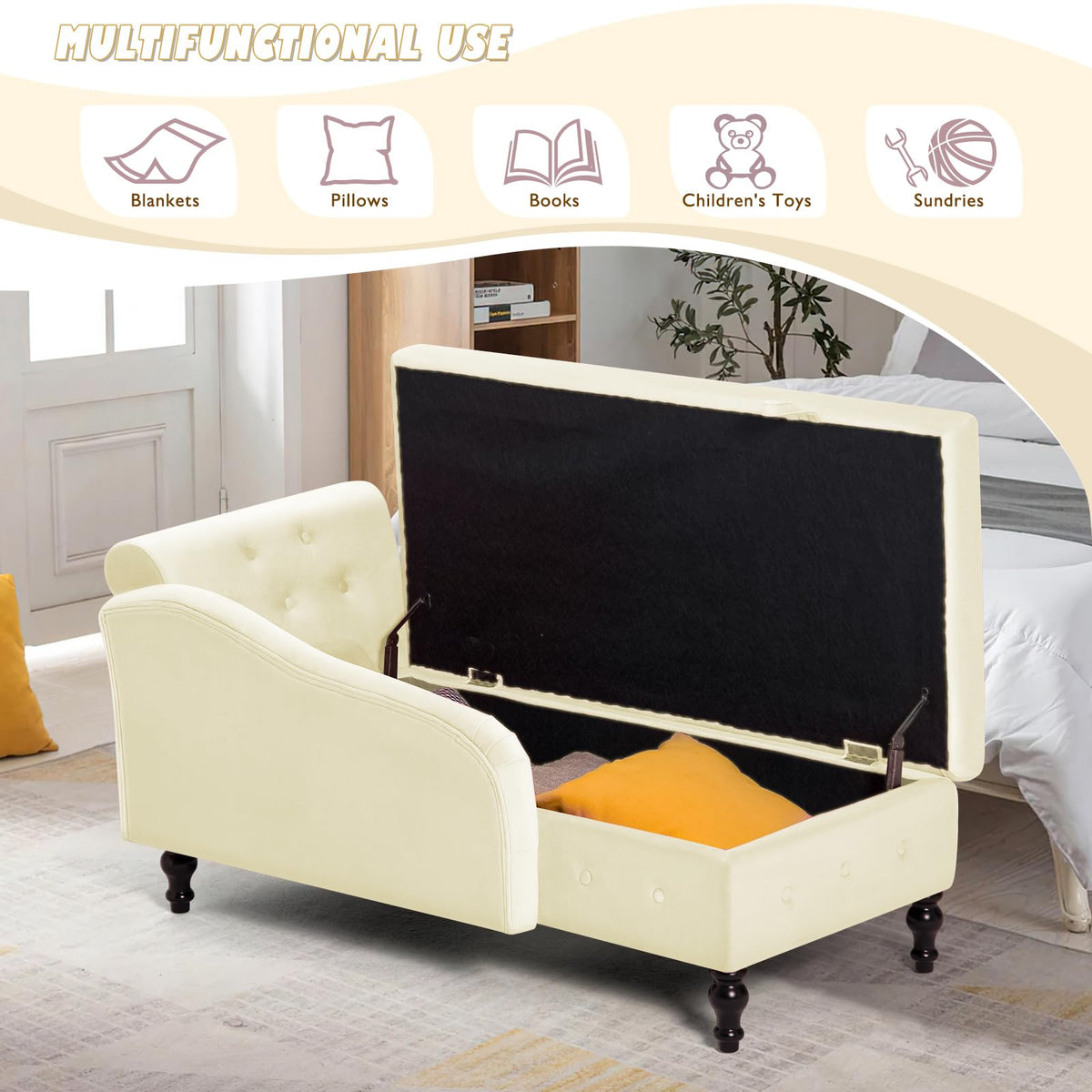 ACMEASE Velvet Chaise Lounge w/Left Armrest & Storage Space, Beige