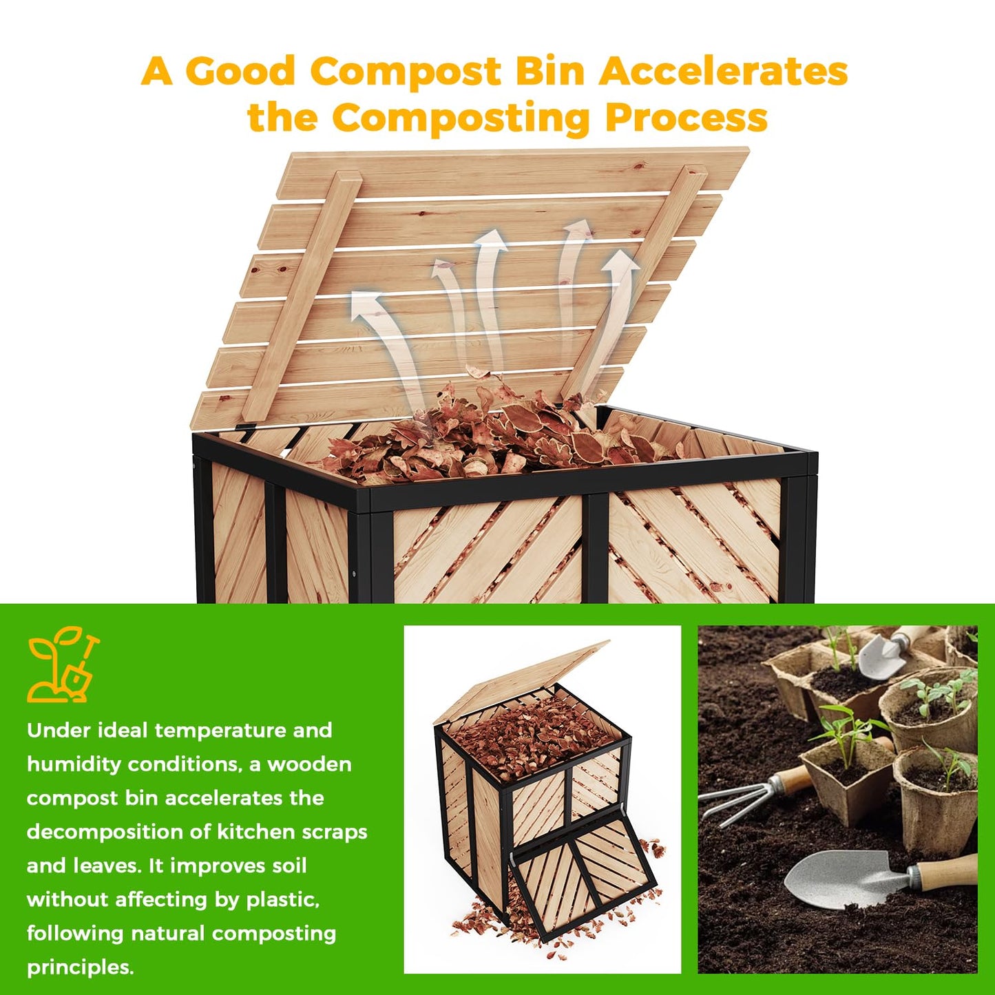 SOCOME 115 Gallon Solid Wood Composter, Outdoor Compost Bin with Pull-Out Door and Flip-Top Lid, Heavy Duty Composting Bin for Outside Backyard, Garden, Patio, Natural