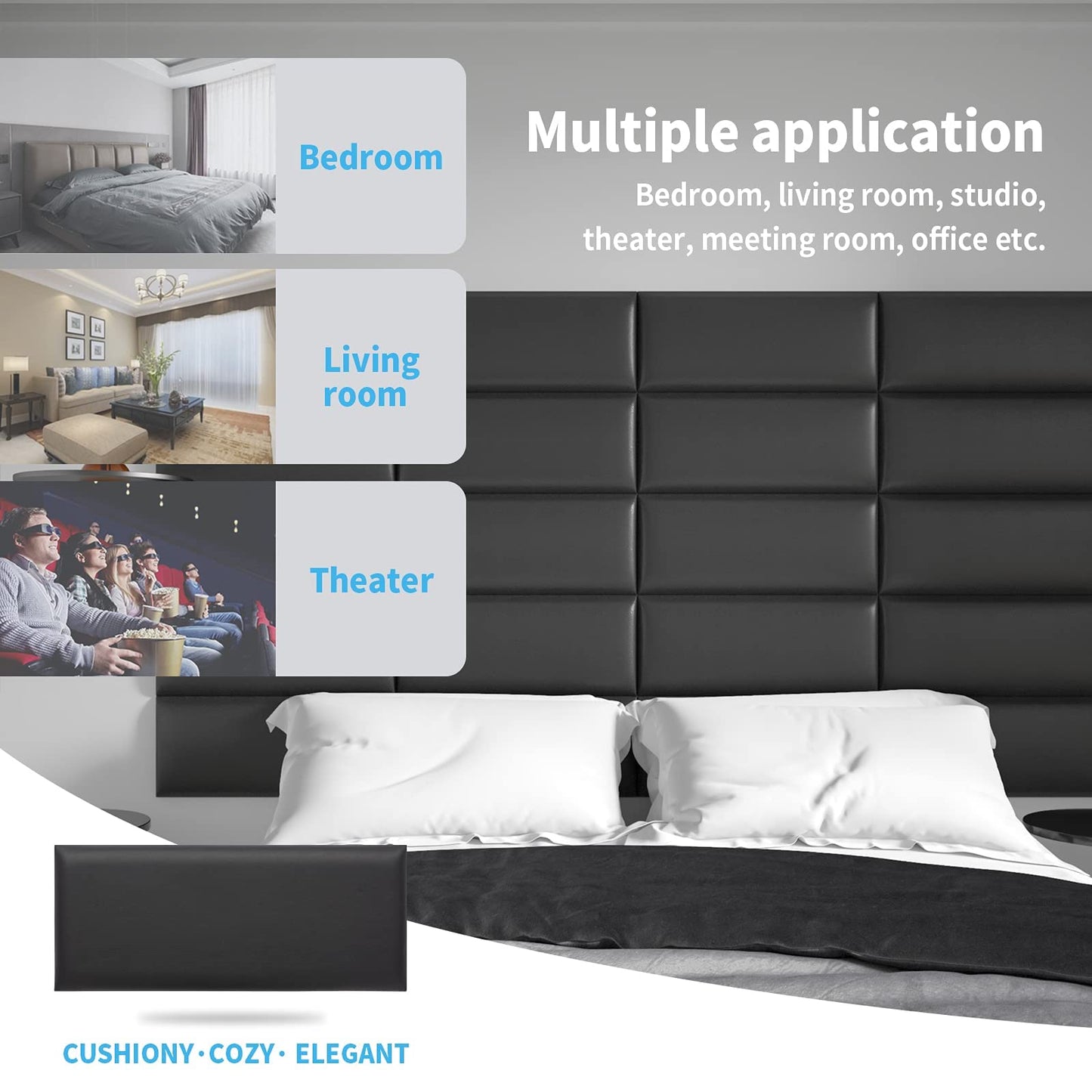 Art3d Peel and Stick Black King Headboard, 12-Pack Upholstered Headboard for Queen, Full-Size Bed, Padded Wall Panel