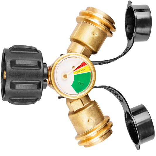 Propane Tank Splitter with Gauge, Propane Splitter 2 Way, Propane Y Splitter Adapter with Shut Off Valve, Propane Hose Splitter Manifold for Camping Stoves, Heater, BBQ Grills, Gas Burners and More