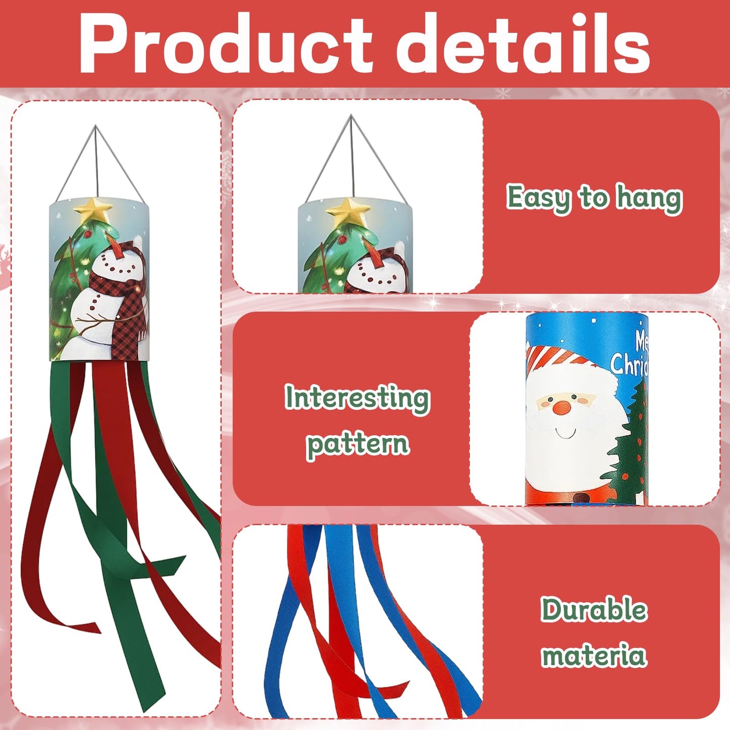2 PCS Christmas Windsocks Outdoor, Set of 2 Holiday Decorations for Porch and Yard, Festive Fabric Windsock with Classic Designs